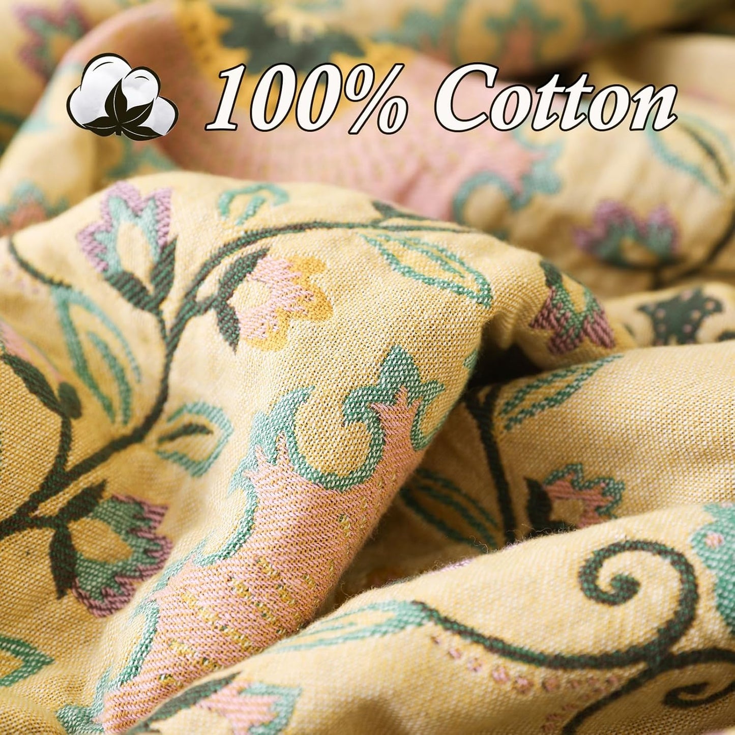 Snycler Boho Throw Blanket 60"x80" - 100% Cotton Ultra Soft Rustic Quilt, Green Floral Printed Farmhouse Decor for Bed, Sofa, Couch, Chair - All Season Cozy Blanket