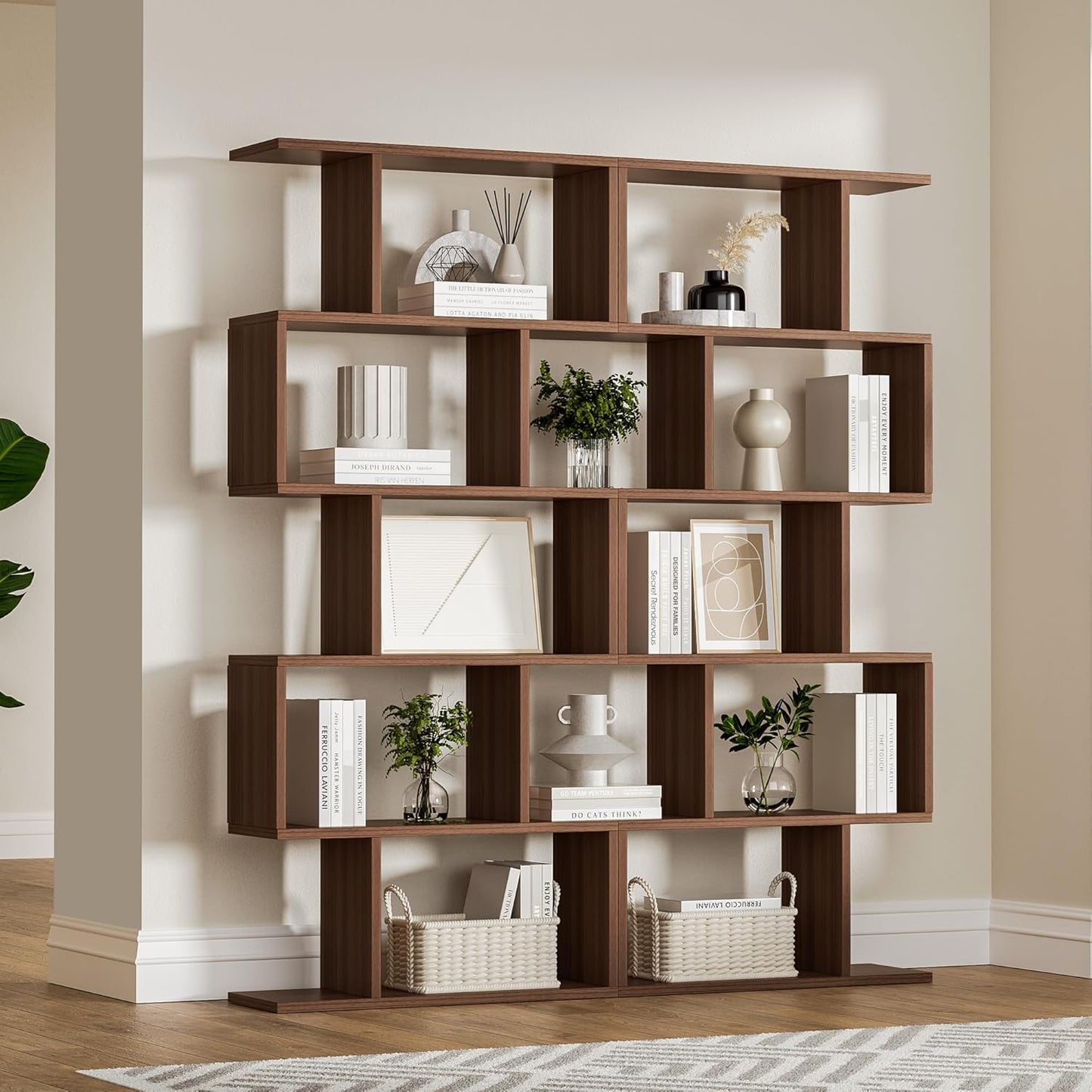 Brown 5-Tier Geometric Bookcase, S-Shaped Modern Bookshelf Set of 2, 62.6" Tall Room Divider Book Shelf, Decorative Display Shelf