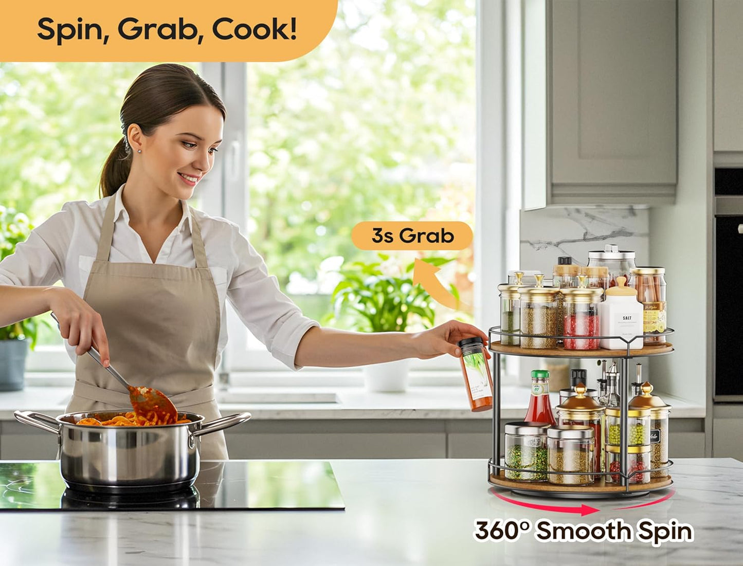 12.4" Lazy Susan Organizer 2 Tier - Rotating Spice Rack, Wooden Spinning Spice Holder for Inside Cabinet, Pantry, Kitchen, Countertop, Bathroom and Vanity, Versatile Storage