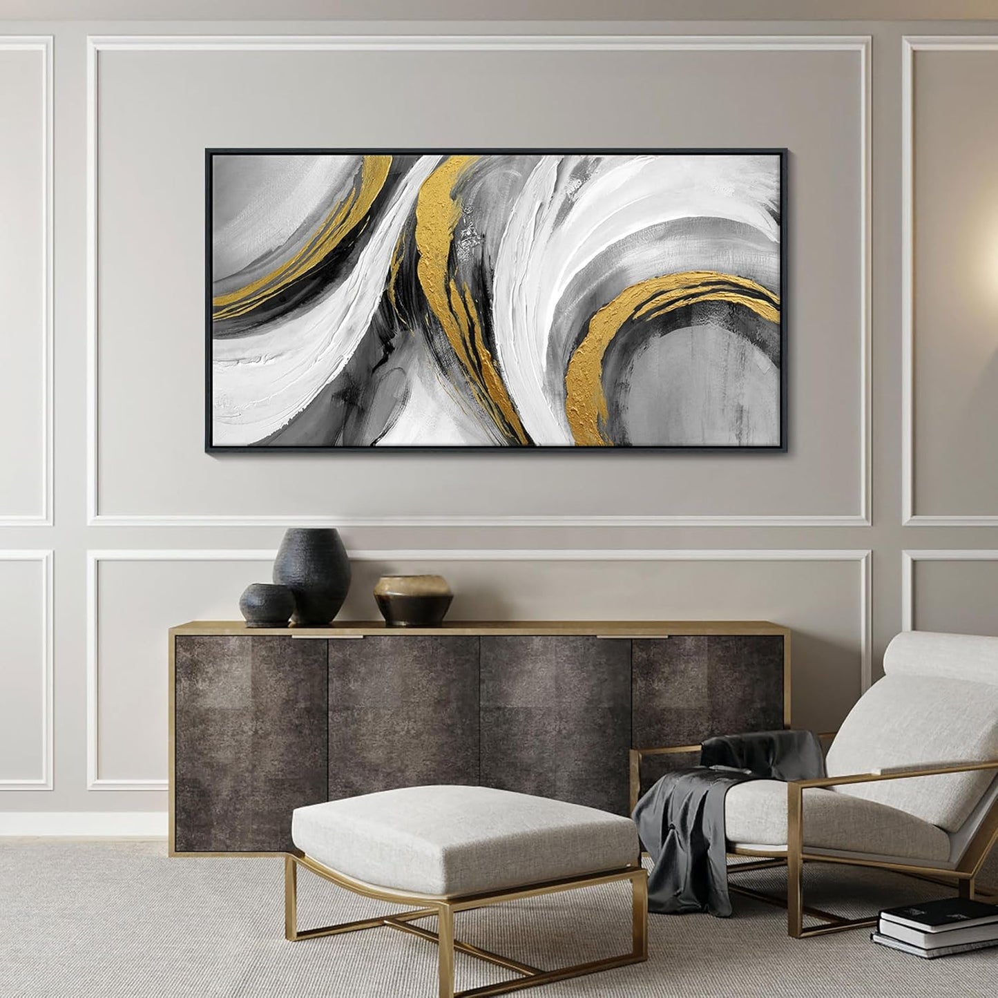 Large Abstract Wall Art, Black White and Gold Texture Graffiti Framed Paintings Modern Gallery Picture Artwork for Living Room Bedroom Office Home Decor 20x40 In