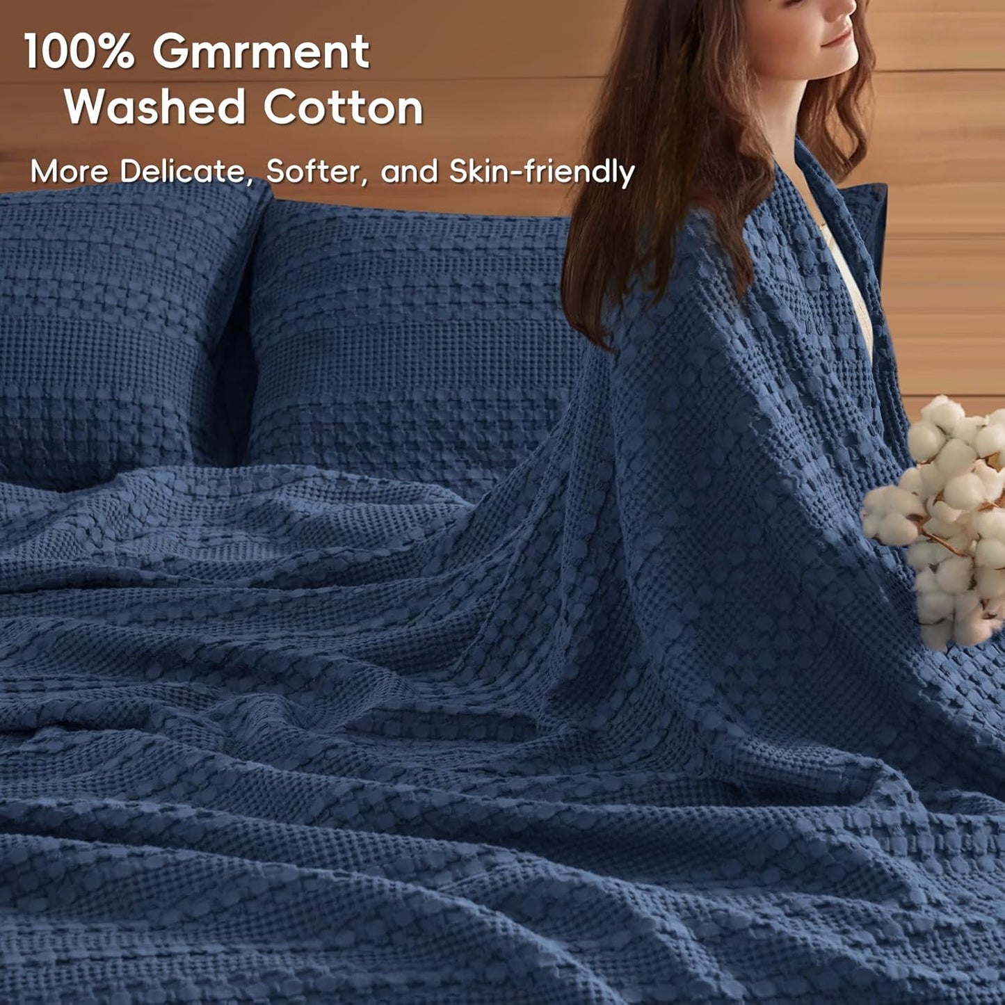 PHF 100% Cotton Waffle Weave Blanket Queen Size, Soft Lightweight Breathable Cozy Summer Blankets for Bed, Luxury Aesthetic Woven Bedding for Home Decor, 90"x90", Bright Navy Blue