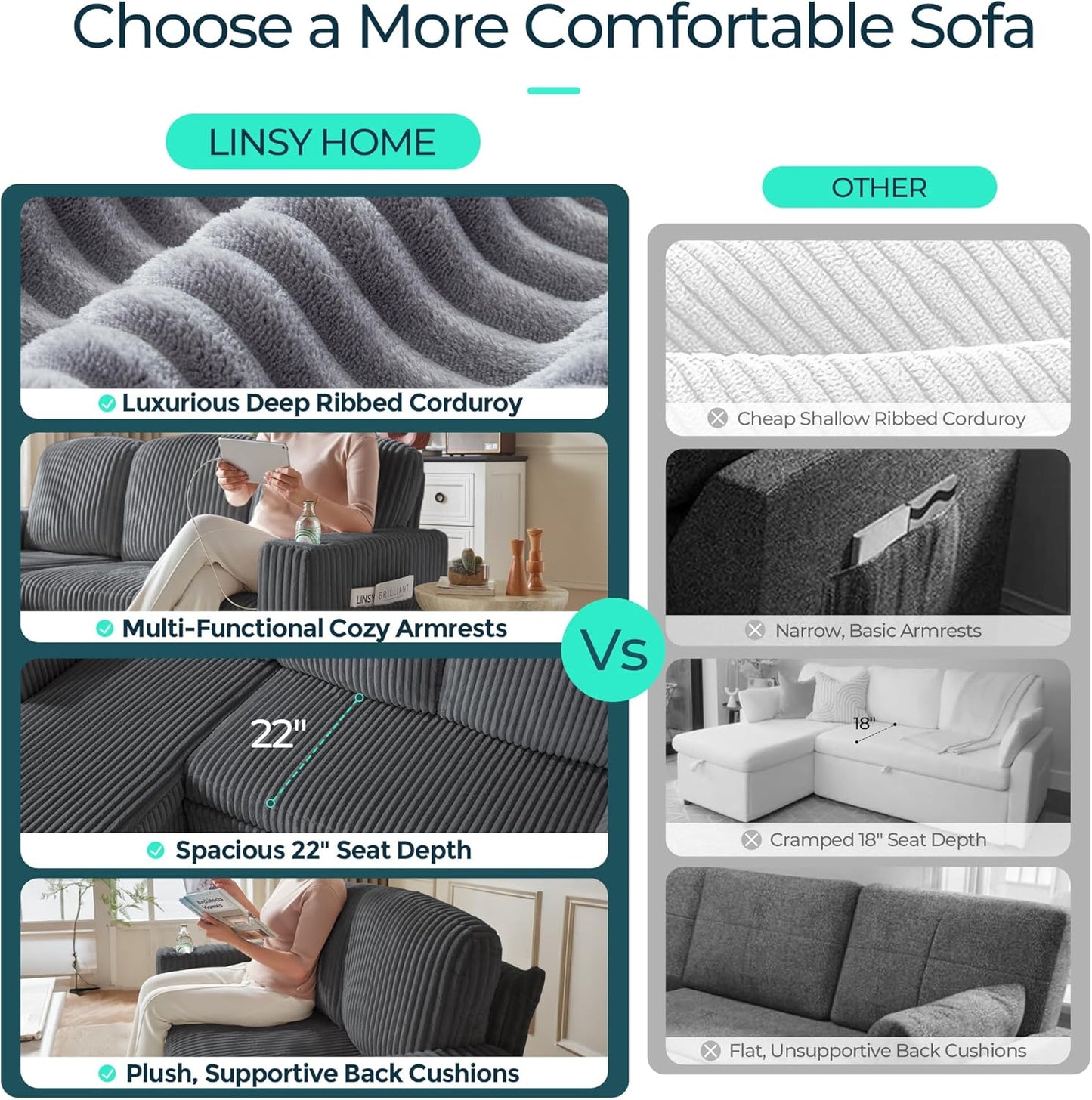 LINSY HOME Sectional Sleeper Sofa with Pull Out Couch Bed - Convertible Plush Corduroy Cloud Couch with Storage Chaise & USB Charging, Comfy L Shaped Modular Couches for Living Room Apartment (Grey)