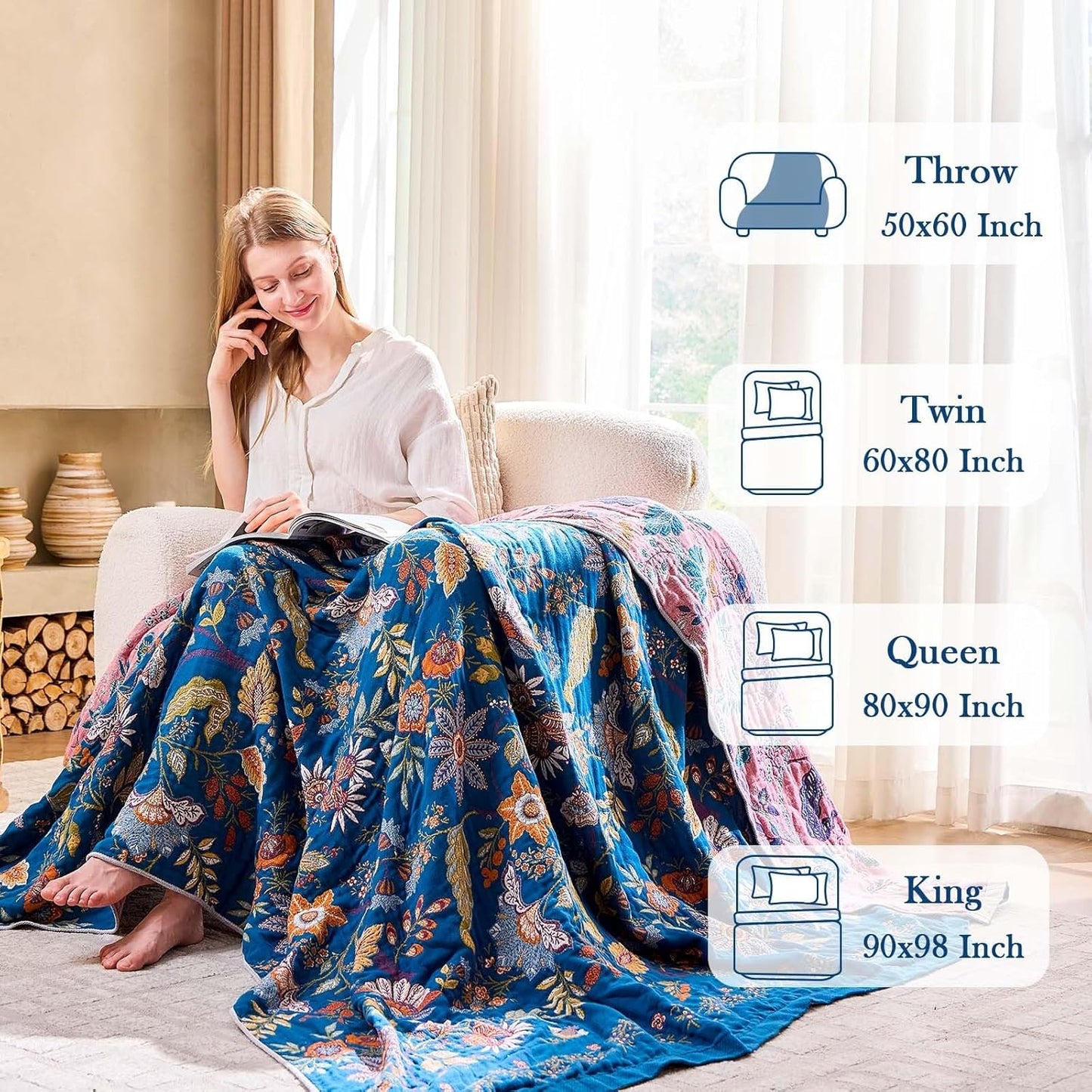 Fall Throw Blanket for Couch, Blue Boho Decorative Throw Blanket, 100% Cotton Muslin Breathable Woven Farmhouse Blankets Quilt, 50"x60" Reversible Lightweight Blankets Bohemian Throw Quilt