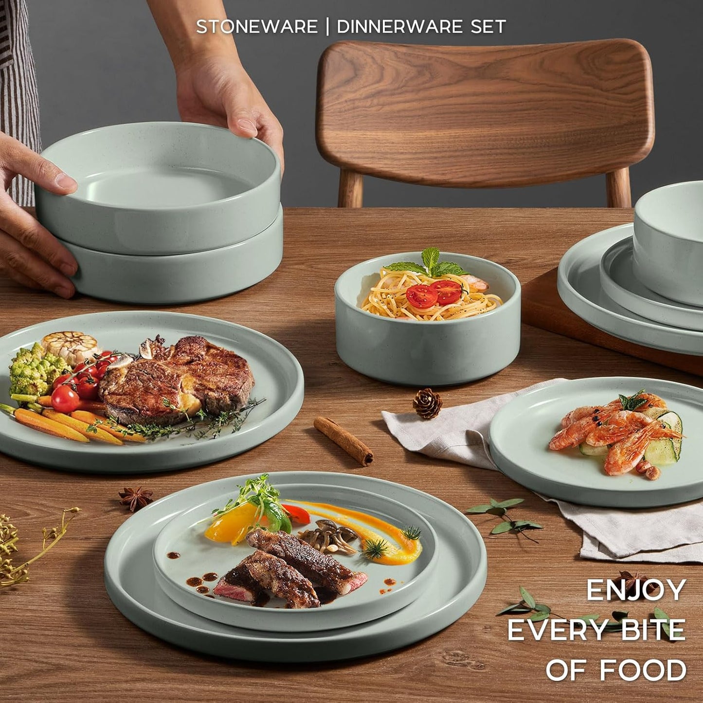 Onader Stoneware Dinnerware Sets, 8 Piece Plates and Bowls Dishes Sets for 2, Speckled Kitchen Dishware Dining Ware with Double Bowl – Pale Sage Green