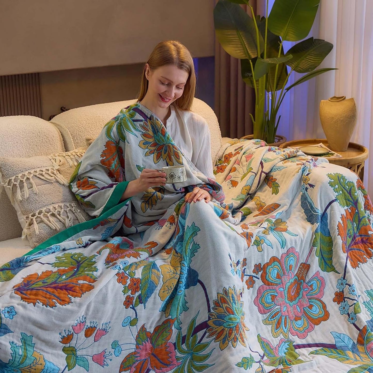 Summer Throw Blanket, 80"x90" Reversible Bohemian Flower Blanket, 100% Cotton Muslin Breathable Woven, Farmhouse Decorative Throw Blanket