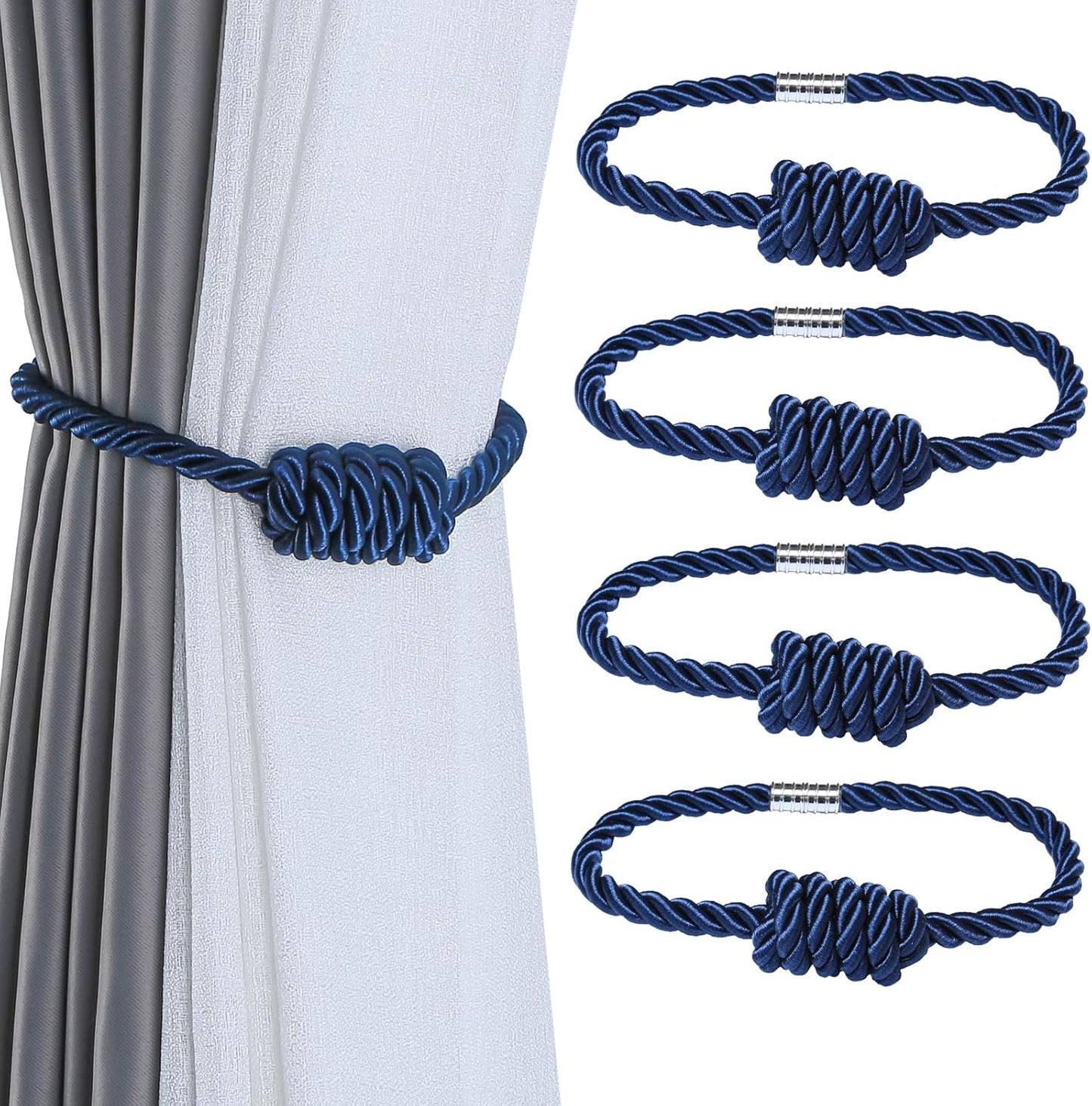 Fenghuangwu 4Pack Magnetic Curtain Tiebacks – Bohemian Style Handmade Woven Tie-Backs for Drapes,Elegant Exquisite Knot Holdbacks,Outdoor Boho & Modern Home Decor(Navy)