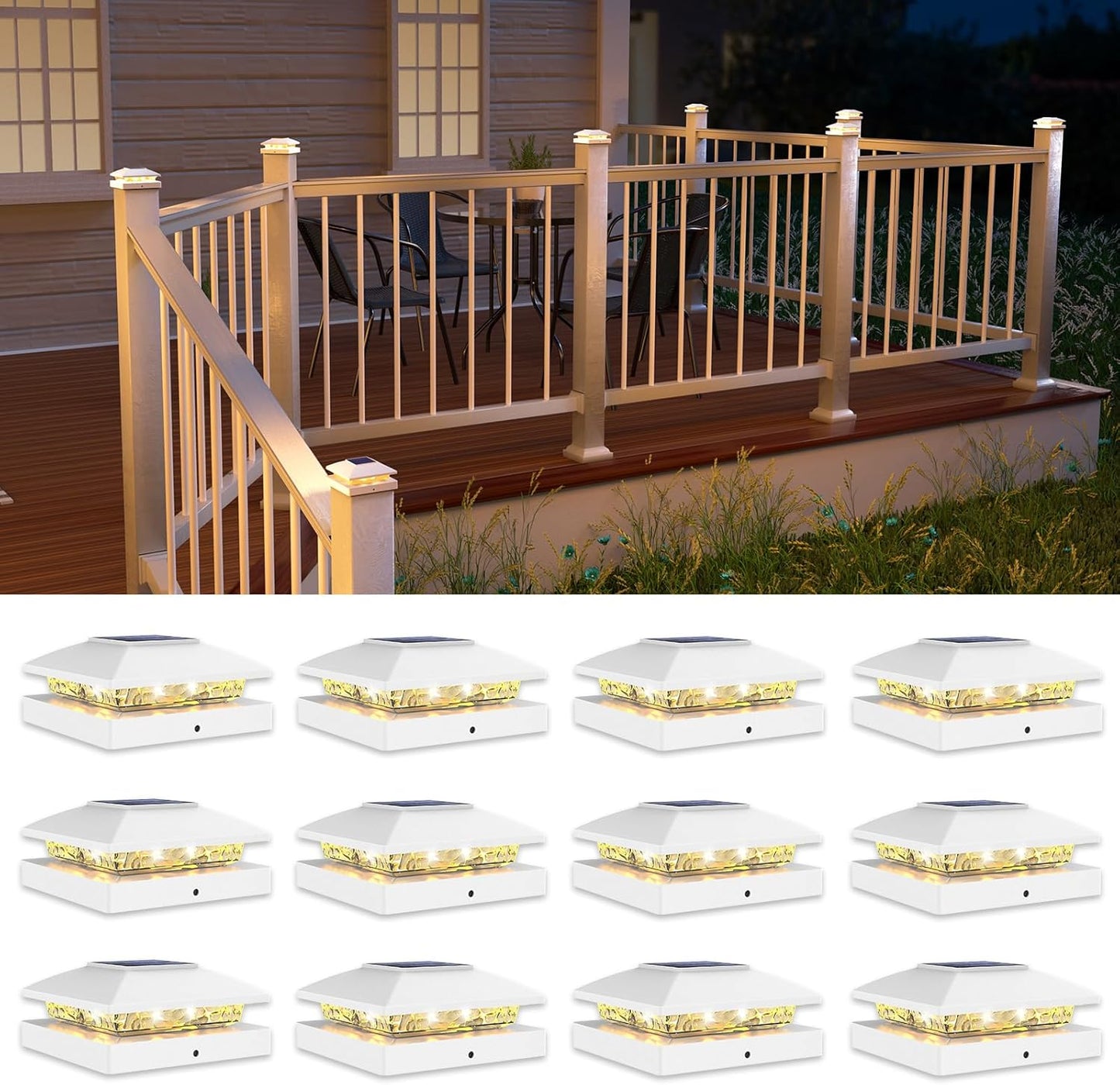 VOLISUN 4x4 Solar Post Cap Light 12pack,Solar Fence - Cap Lights Outdoor Waterproof for Wooden/Vinyl Post,White Deck Post Cap Light Solar Powered with Warm White for Garden/Patio/Porch