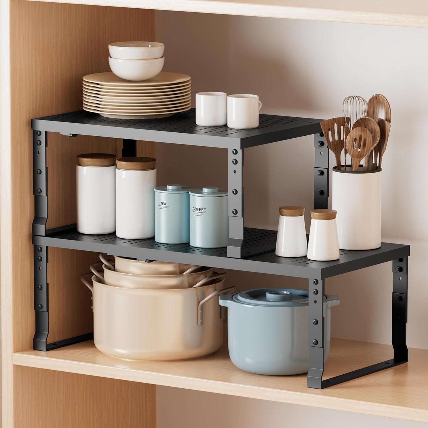 Metal Stackable Expandable Storage Shelf - Multi-Functional Home Storage Shelf, Suitable for Kitchen, Cabinet，Bathroom, Office, Garage, etc.（3PACKS/Black/Medium