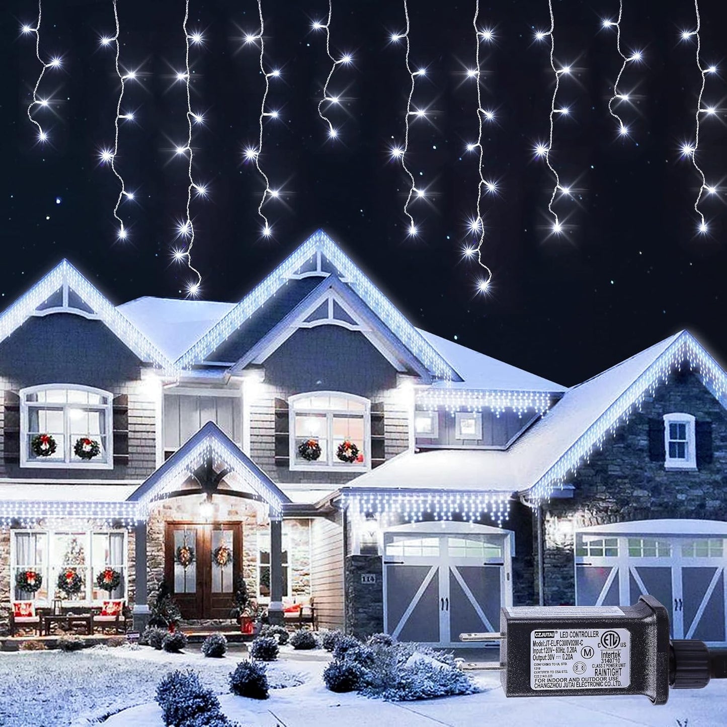 Hopolon 33FT 360L LED Christmas Icicle Lights Outdoor Waterproof,8 Modes Plug in Curtain String Lights with 60 Drops,Christmas Lights for Wedding,Party,Bedroom,Home,Garden,Wall Decorations(White)