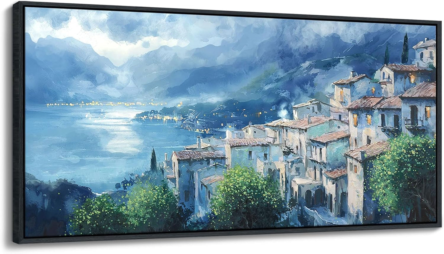 JEAWA Large Framed Canvas Painting - 24x48 IN Landscape Wall Decor Ready to Hang, Gray Blue Town Picture, Lights of Thousands homes Art Prints for Bedroom Living Room Home Decoration