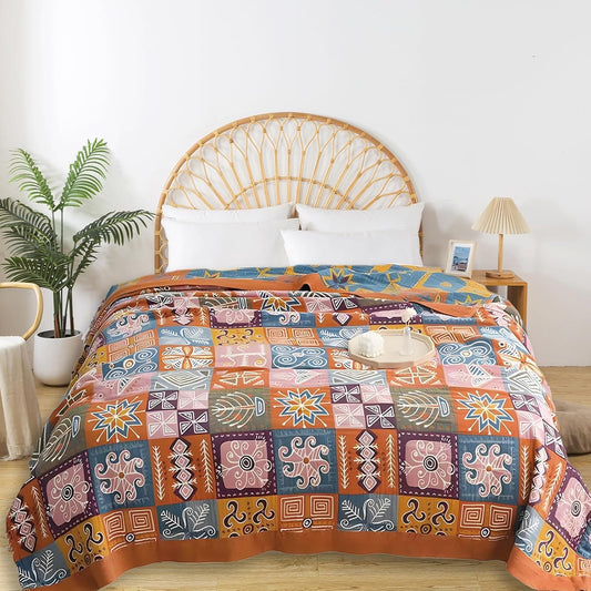 Boho Throw Blanket for Bed - 100% Pure Cotton Ultra Soft Rustic Quilt - Farmhouse Decor Bed Blankets, All Season Rustic Throw for Sofa Couch Chair(91''x 98'', Art Squares)