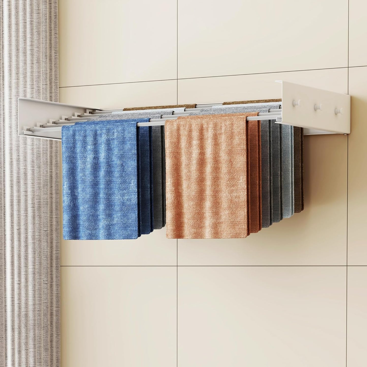 Upgrade Drying Rack Clothing,Clothes Drying Rack Wall Mounted,Laundry Drying Rack Wall Mount,Foldable,Collapsible,Retractable,6 Aluminium Poles,with Hooks,(White 35.5"