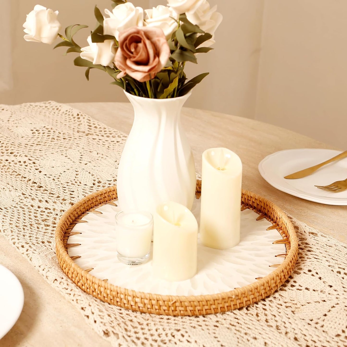 Round Rattan Tray with Mother of Pearl Inlay & Wooden Base - Decorative Wicker Serving Tray for Coffee/Bread/Fruits, Food Storage & Display - Multipurpose Home Decor (M,White Leaves)