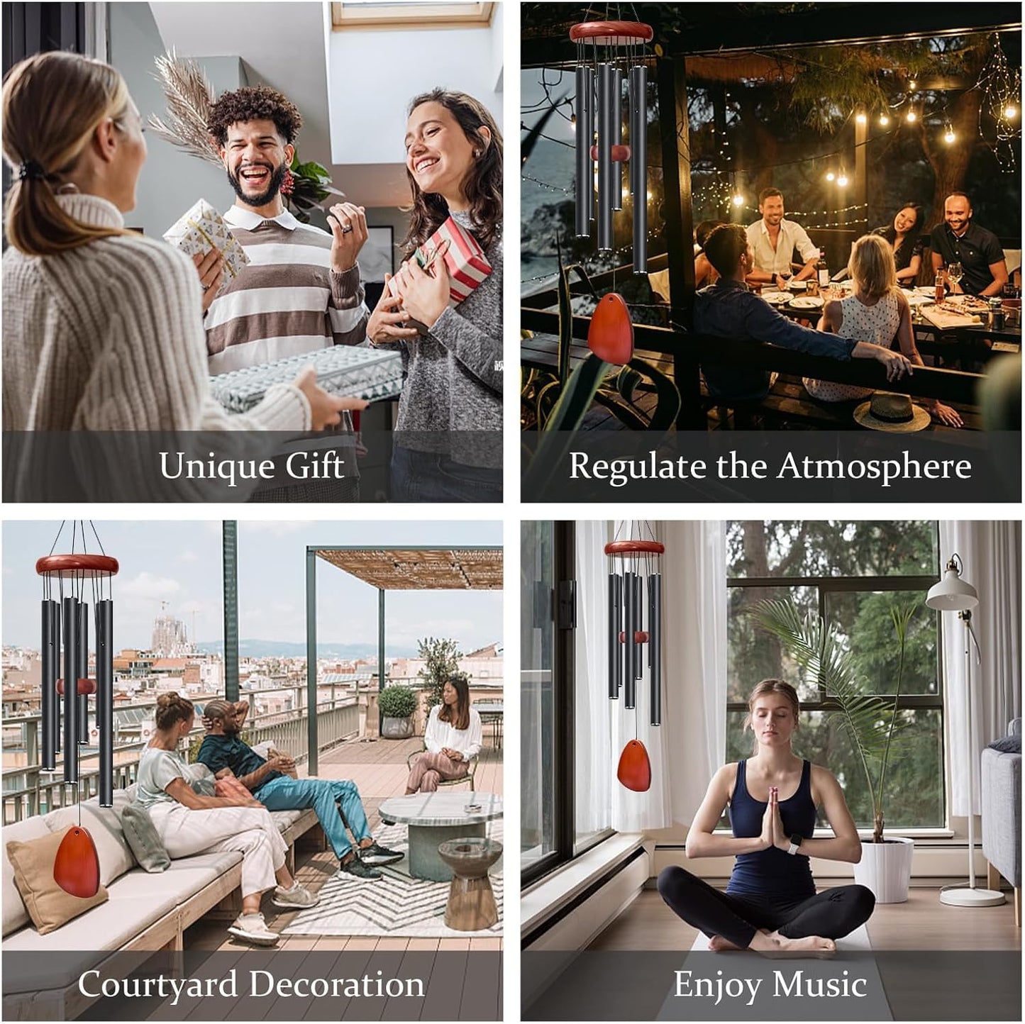 28" Wind Chimes for Mothers Day, Decorative Wind Chimes for Outside, Memorial Windchimes Remembrance Gift for Women Mom Grandma, Metal Wind Chime Outdoor Decor for Garden Patio Zen(Black 2Pack)