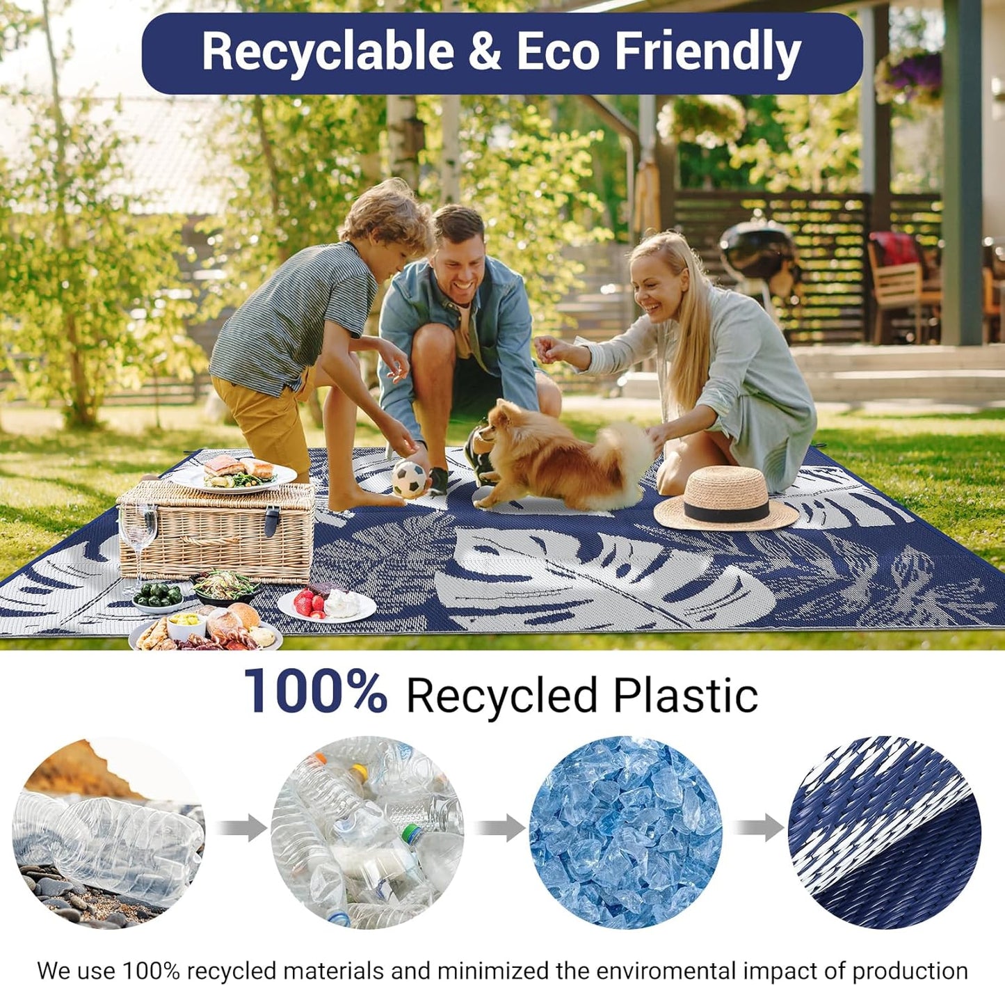 GAOMON Patio Rugs Outdoor 8x10 Waterproof Reversible Plastic Straw Rug Modern Patio Carpet, Foldable Lightweight RV Camping Mat with Portable Bag & 4 Stakes, UV Resistant & Sturdy for Picnic, Blue