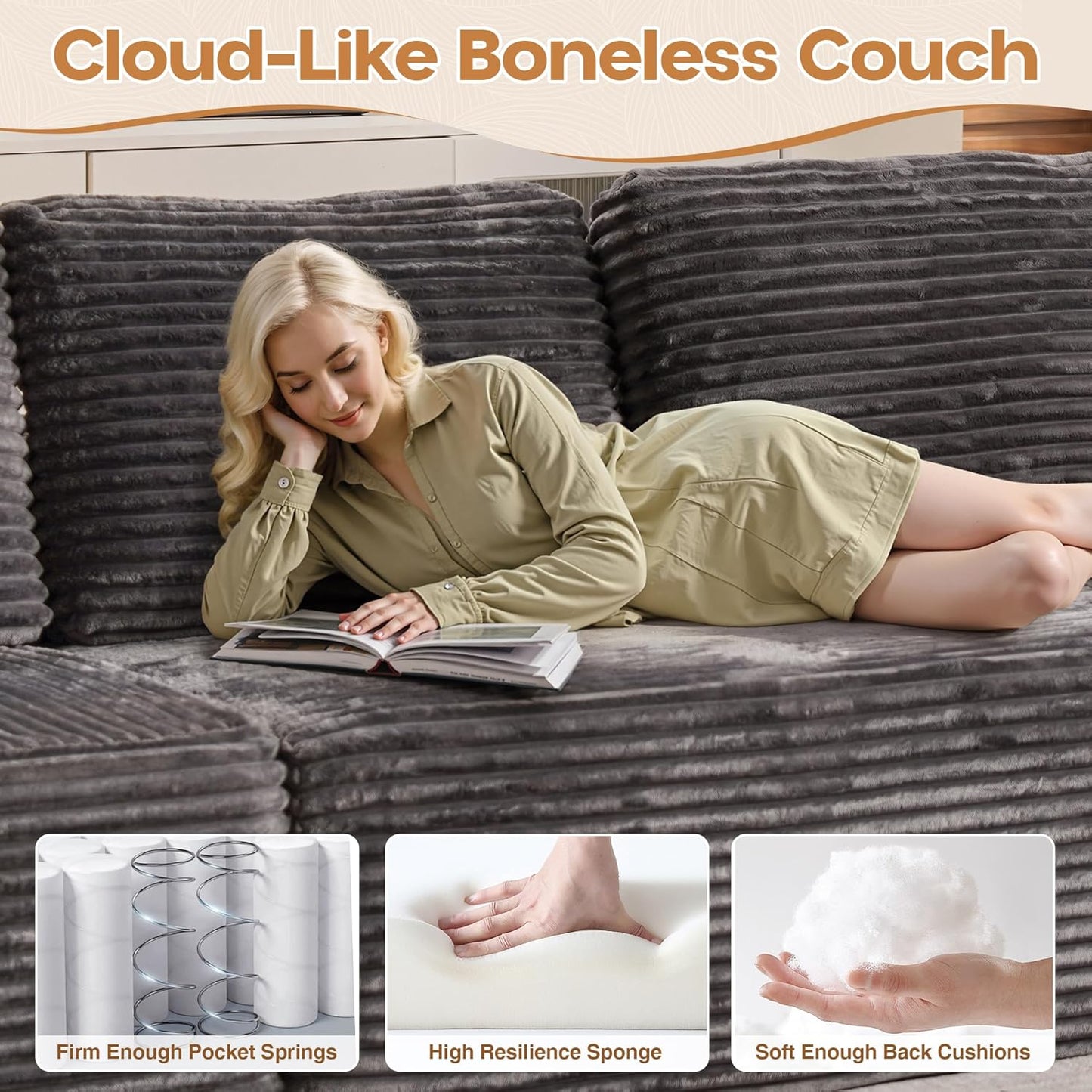 Cloud Sectional Couches for Living Room,U Shaped Modular Sofas No Assembly,135x107 Inches Plush Corduroy Oversized Floor Couch Set with Deep Seat Chaise,Grey