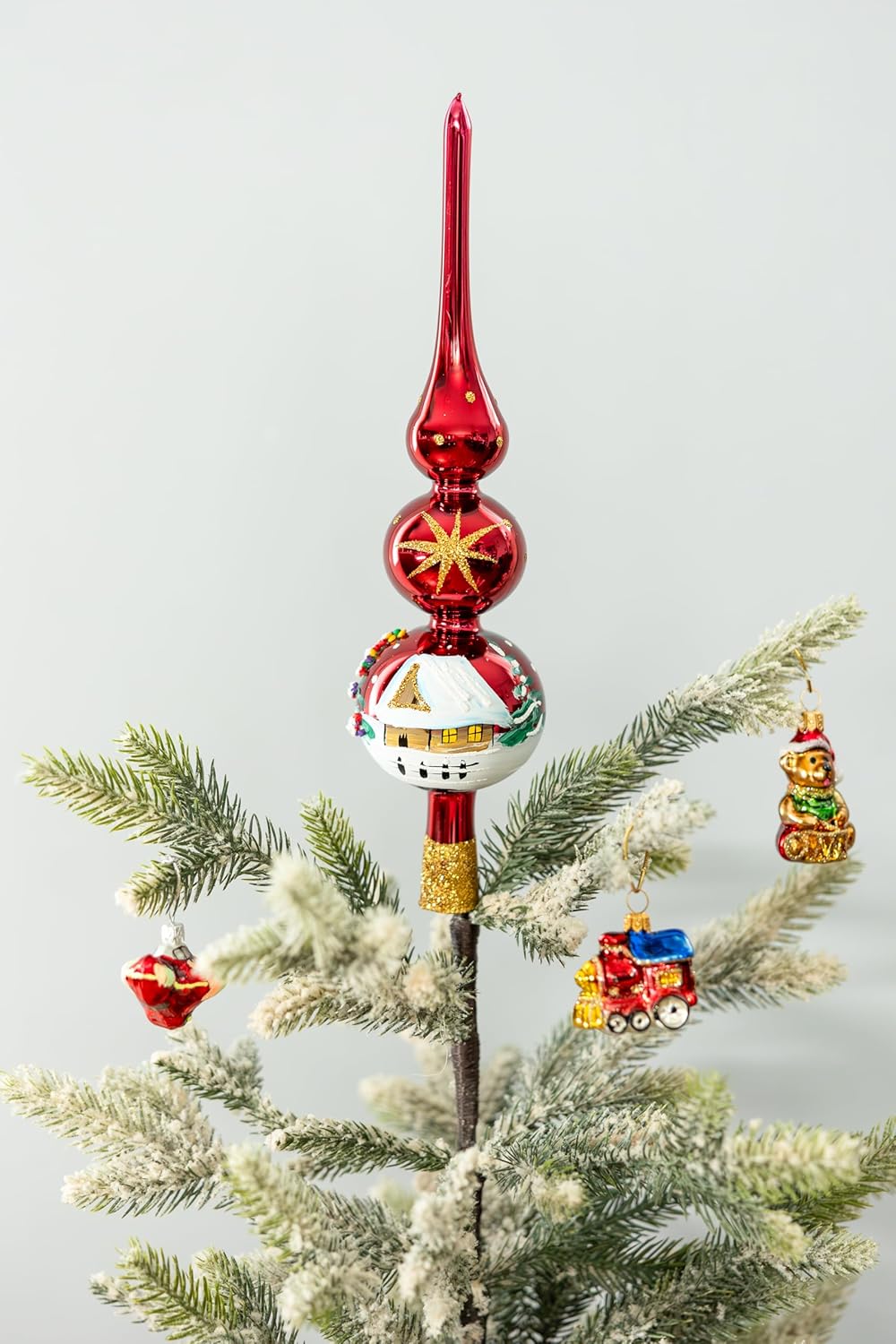 Christmas Tree Topper Spitz Glass Mouth Blown Hand-Decorated Embellishments (Burgundy, 15 inch)