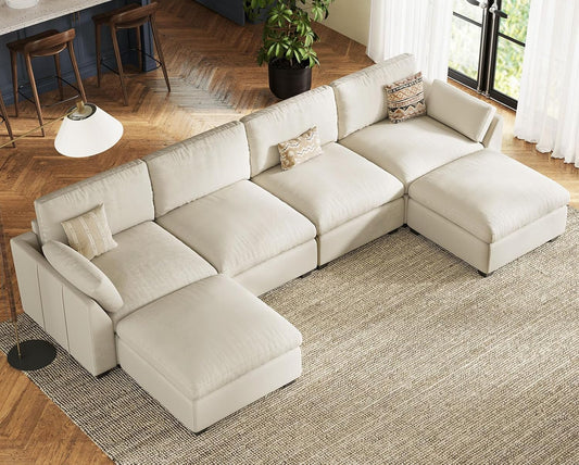 Belffin Sectional Couch with Extra Deep Seat,137.8" Cloud Modular Sectional Sofa,Convertible 6-Seater U Shaped Couches for Living Room,Oversized Comfy Velvet Beige Couch
