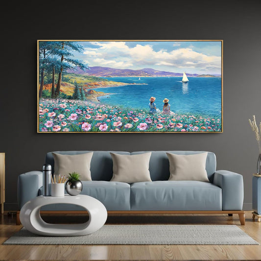 XLSJERST Landscape Wall Art - Blue Ocean Pink Flower Sailboat Mountain Tree Decor Orange Frame Artwork for Wall Large Picture for Living Room Bedroom Home Office Wall Decoration Size 20x40