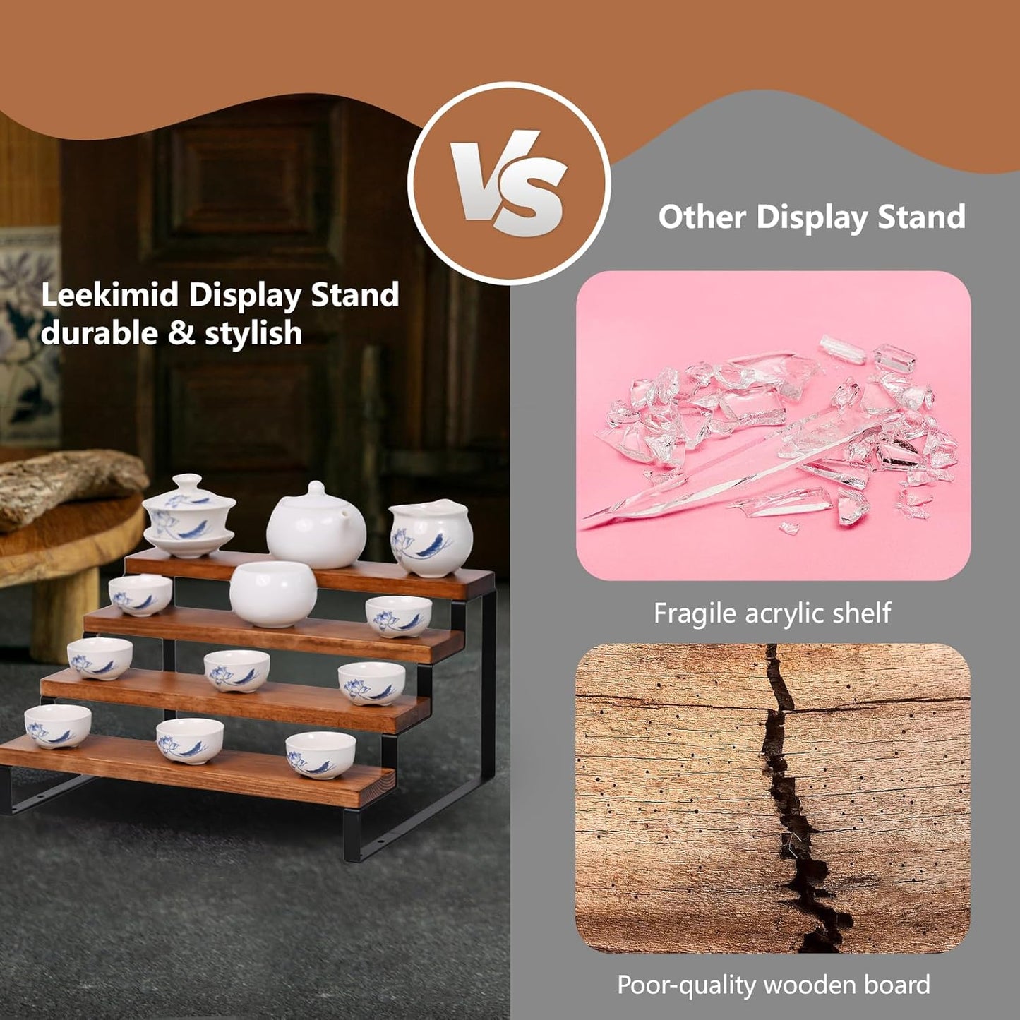 4 Tier Wooden Display Riser Stand Perfume Organizer with Metal Stand, Dessert Table Display Set, Food Display Stands for Party, Brown Rustic Solid Wood Shelf for Cupcakes, Perfume, Cologne, Spiece