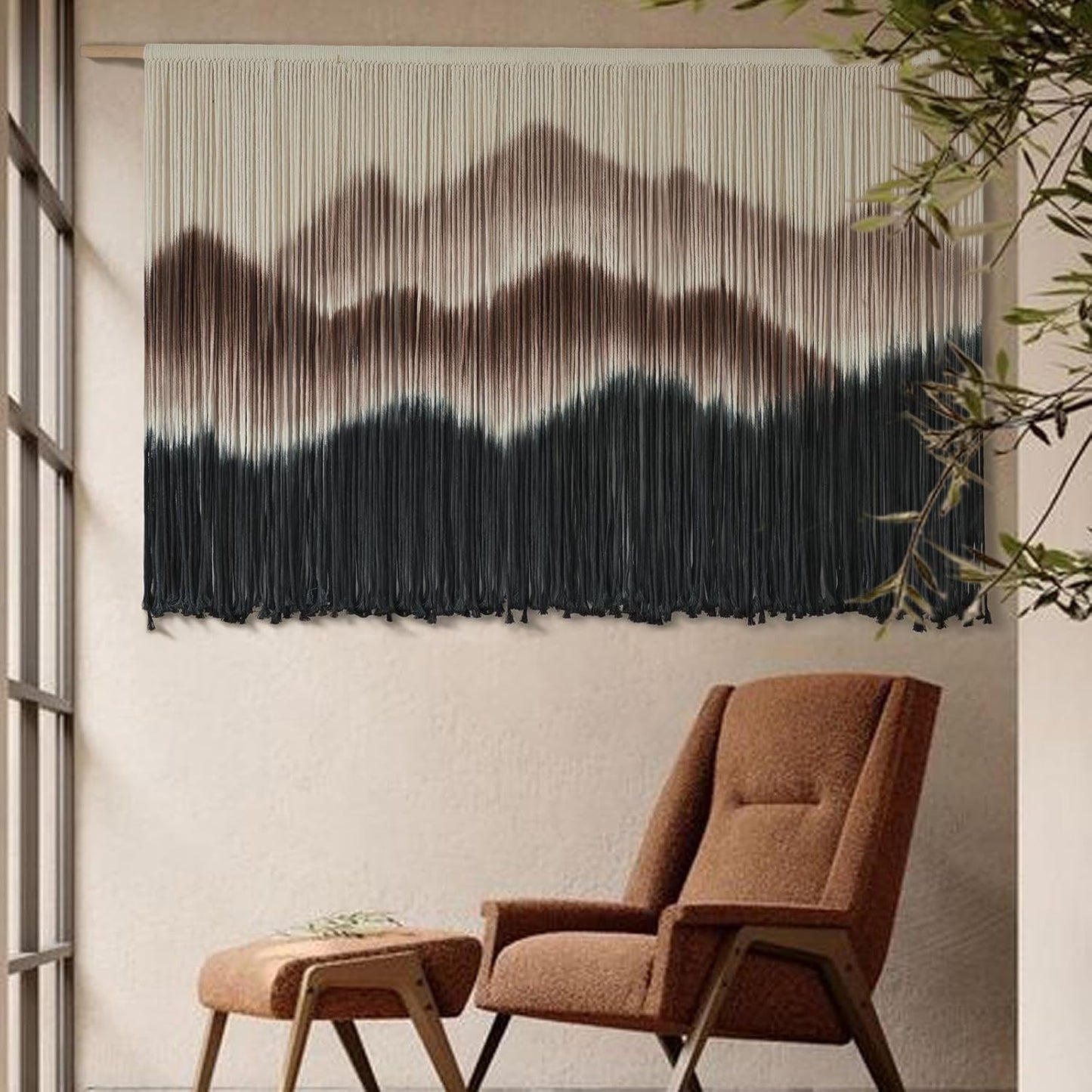 IOWER Macrame Wall Hanging 57" W x 35" L Brown Mountain Dip-Dyed Macrame Wall Decor Large Modern Fiber Art Boho Wall Decor