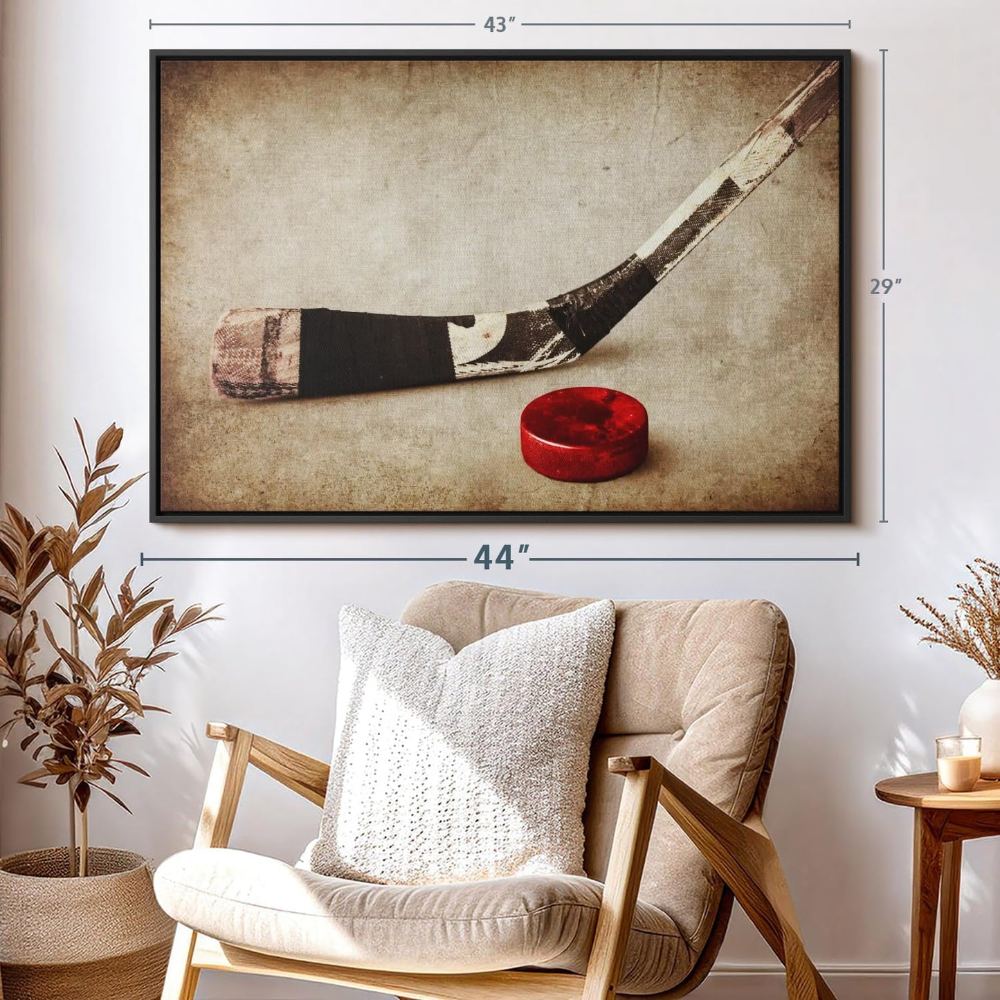 Elephant Stock Vintage Ice Hockey Wall Art - Horizontal Framed Canvas - 1-Piece Hallway Wall Decor - Photography Sports Canvas Print - Brown and Beige Decor for Wall - 43" X 29"
