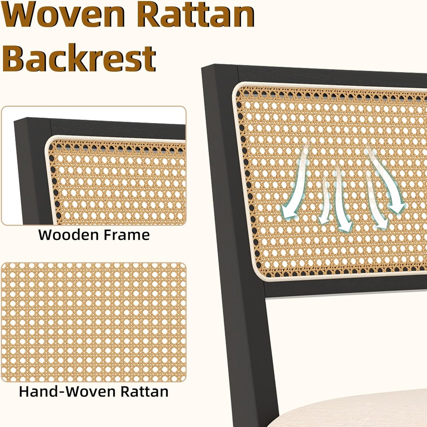 Westice Rattan Dining Chairs Set of 2, Farmhouse Natural Dining Room Chairs with Upholstered Cushion, Wood Armless Chairs for Kitchen/Restaurant, Black