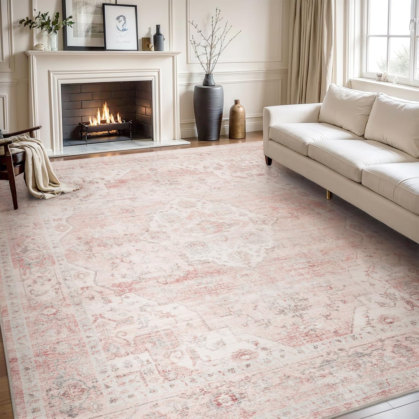 AMOAMI-Area Rug 9X12 Rugs for Living Room-Vintage Soft Pink Rugs for Bedroom-Non Slip Carpet-Washable Rug for Dining Room Living Room Bedroom Office Under Table