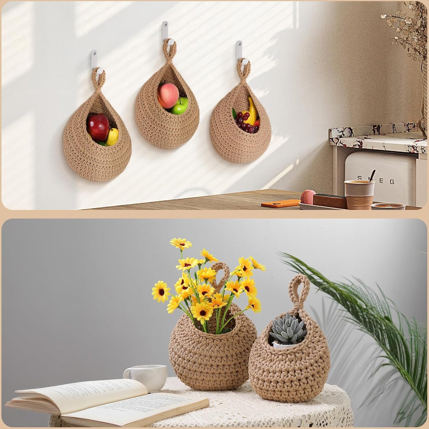 AARAINBOW Boho Wall Hanging Baskets for Kitchen Storage, Fruit Woven Wall Basket 9 Pcs, Hanging Vegetable and Onion Storage with 24 Hooks （Brown）