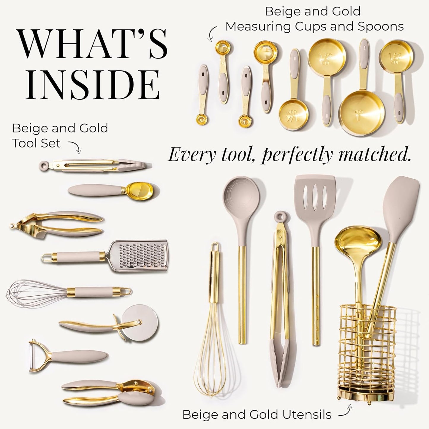 Styled Settings 23-Piece Beige and Gold Utensils Set – Silicone Nonstick Cooking Tools with Garlic Press, Can Opener, Measuring Cups, Utensil Holder – Luxury Kitchen Accessories for Modern Homes