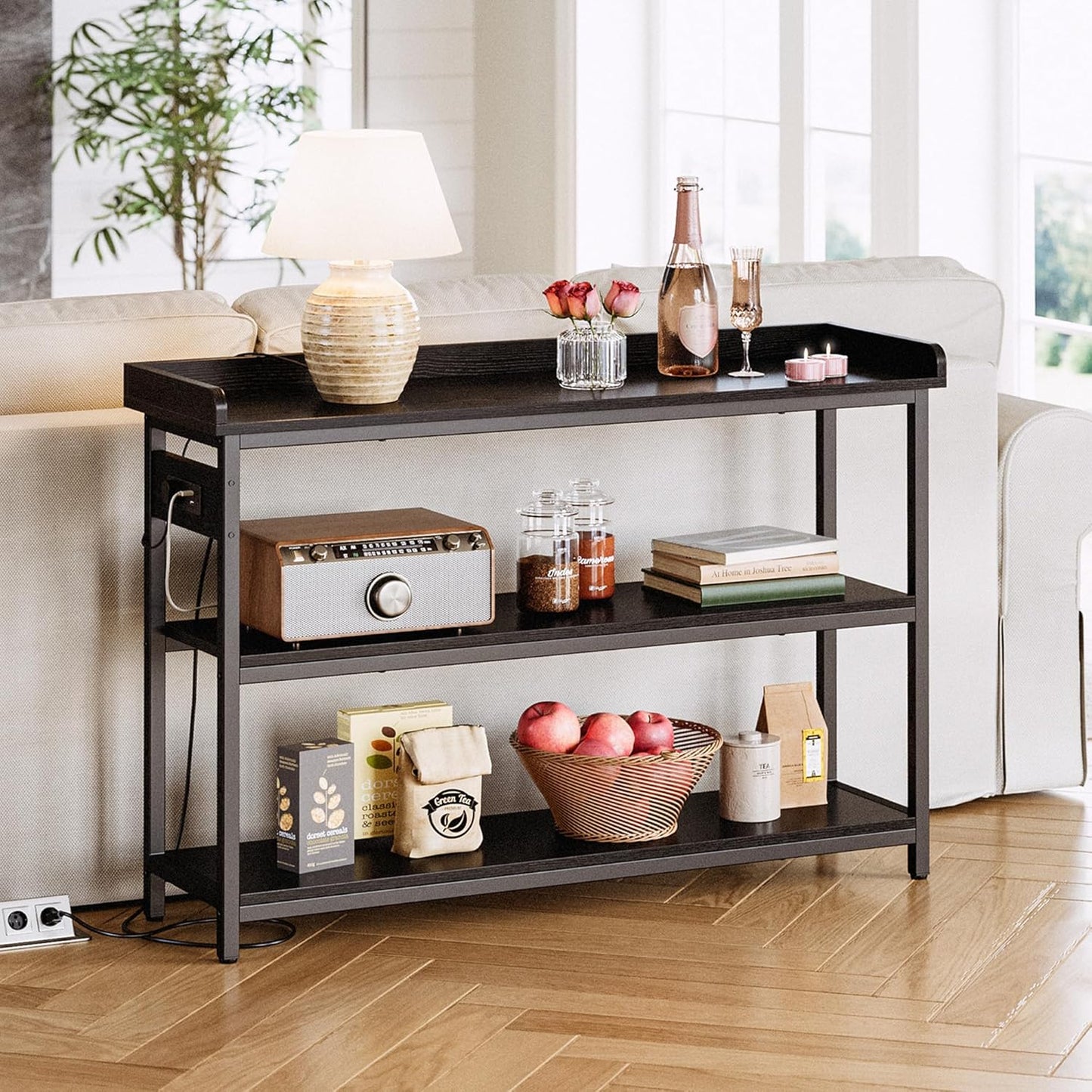 IRONCK Console Table, Sofa Table with Power Outlet, Farmhouse Hallway Table for Entryway, Living Room, Height Adjustable, Easy Assembly, Vintage Black, 43"