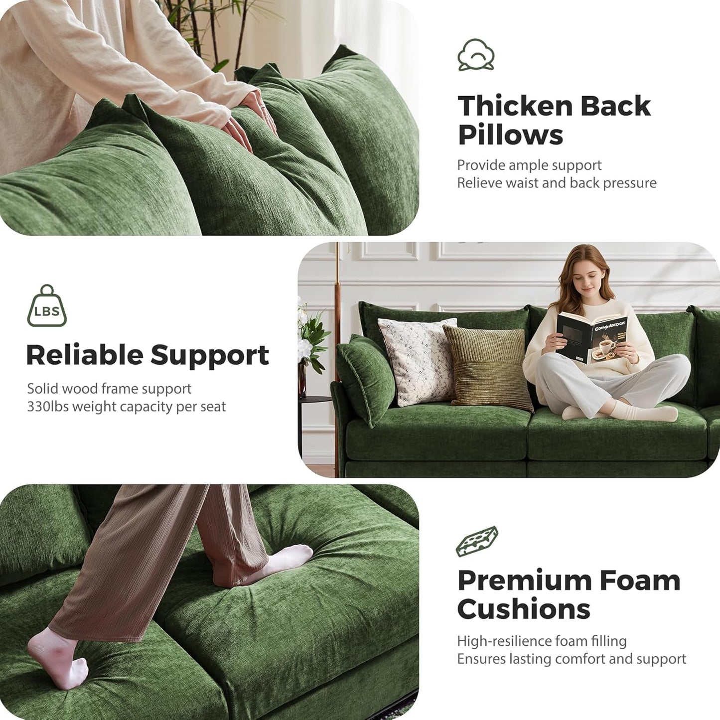 134.6" Modular Sectional Sofa, U Shaped Couch Set for Living Room, Large 8-Seater Comfy Cloud Couches with Movable Storage Ottoman,DIY Combination - Chenille Green