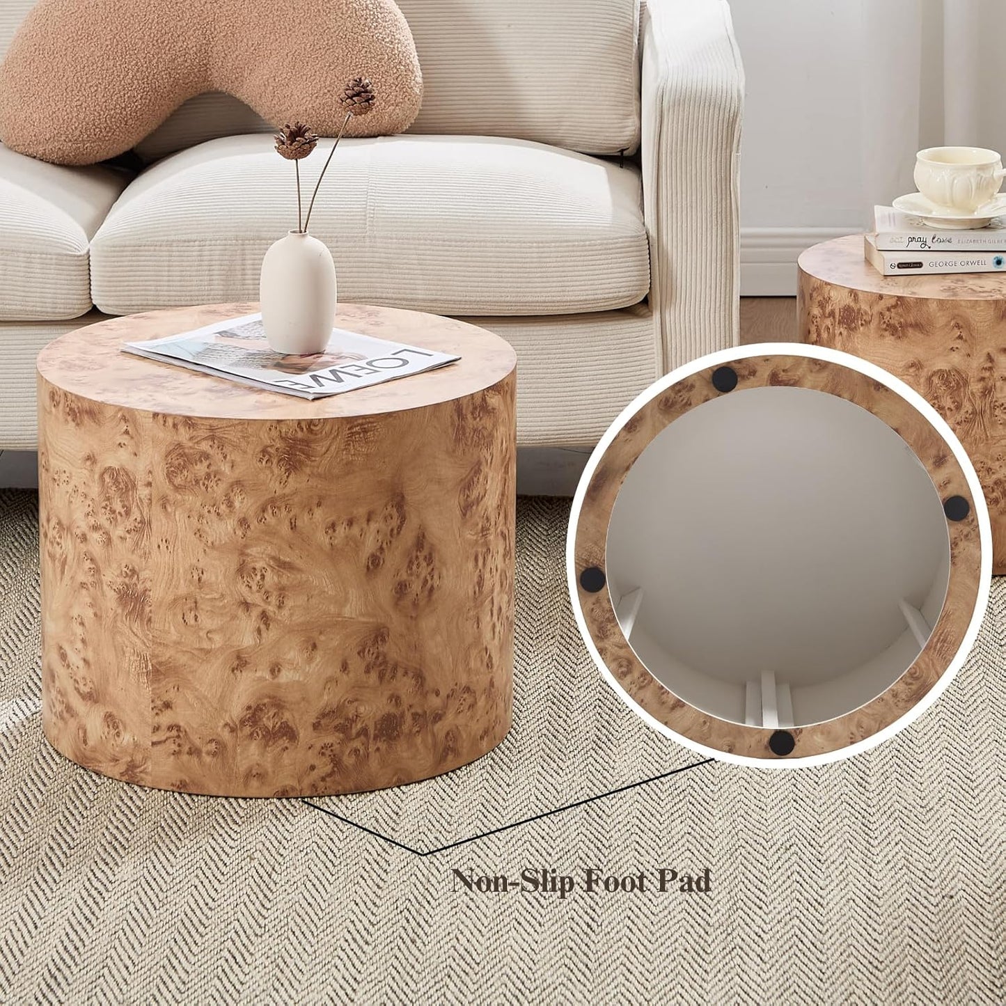 Round Coffee Tables Side Table Set of 2, Wood Nesting End Table for Living Room Balcony Office, Walnut Wooden Color, Natural Burl Color, No Assembling