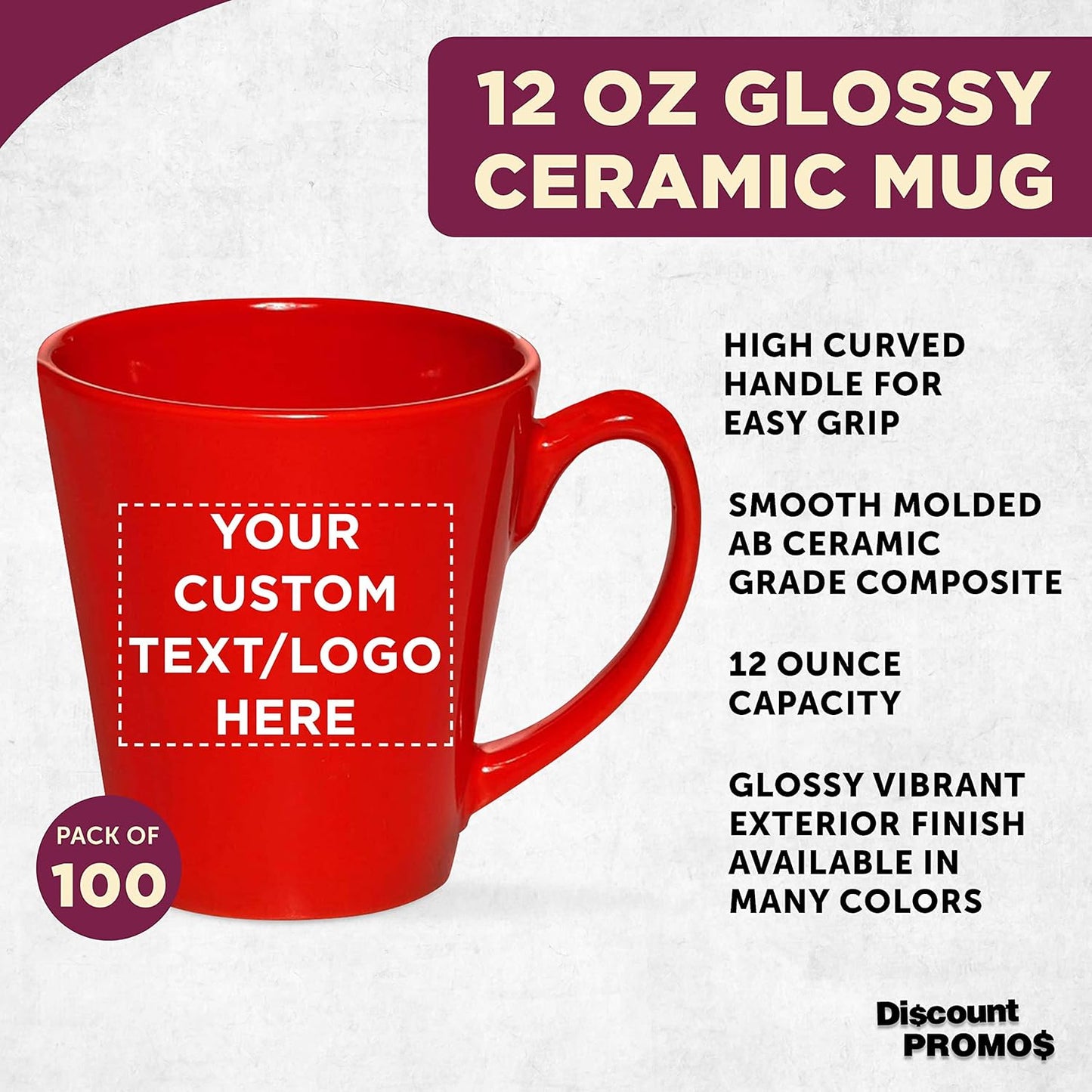 DISCOUNT PROMOS Custom Glossy Ceramic Latte Coffee Mug 12 oz. Set of 100, Personalized Bulk Pack - Perfect for Tea, Espresso, Cappuccino, Hot Cocoa - Red