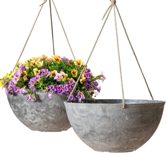 LA JOLIE MUSE Large Hanging Planters for Indoor Outdoor Plants, Hanging Flower Pots Marble Pattern (13.2 Inch,Set of 2)