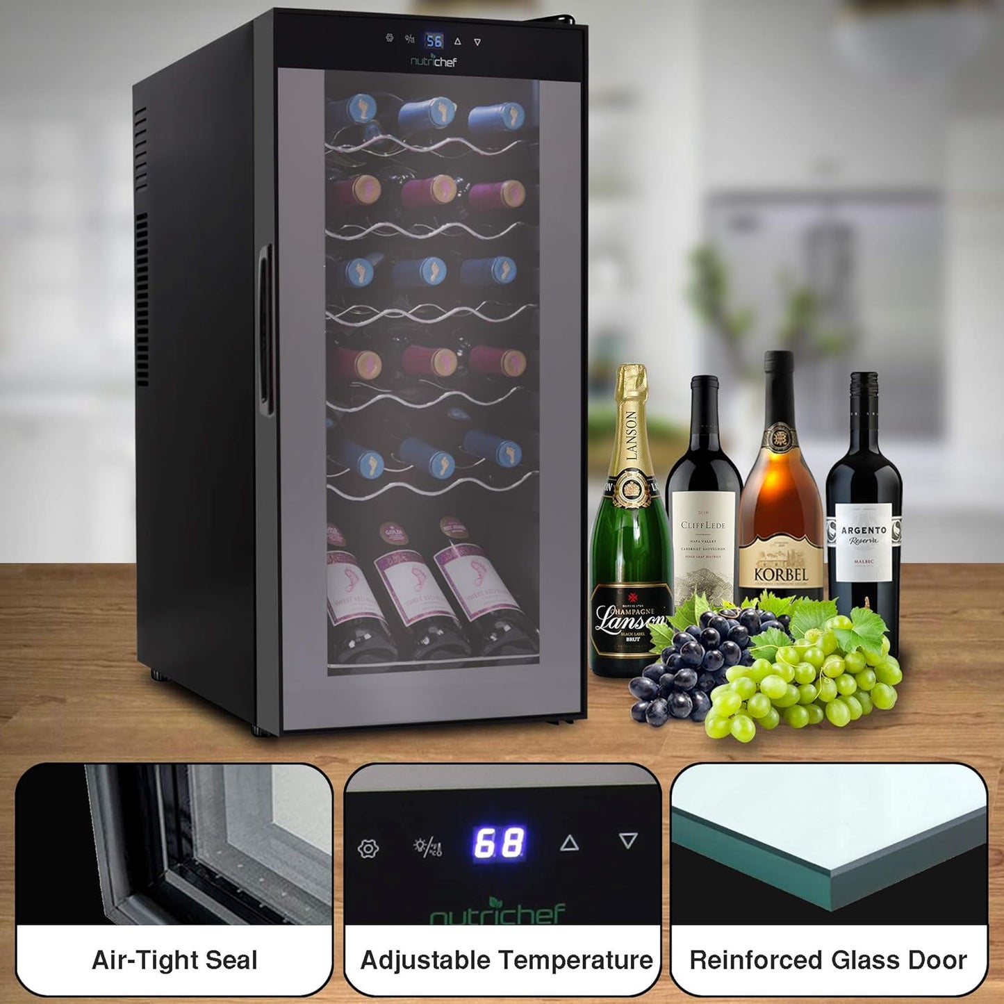 Nutrichef 18 Bottle Slim Wine Fridge | Red & White Wine Chiller | Adjustable Temperature Control 41°F to 64°F | Ultra Quiet Operation | Mini Wine Cooler for Home & Office, 30x13x17 IN
