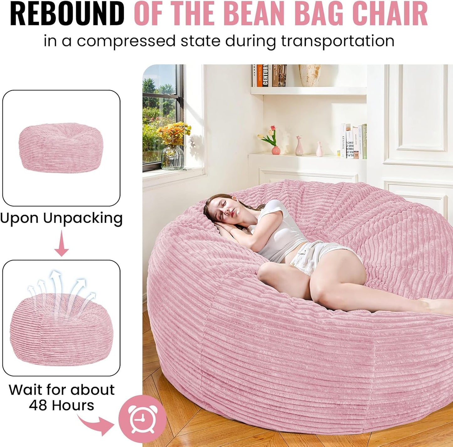 Large Bean Bag Chair, 6FT Giant Beanbag Chairs with Memory Foam Filled, Bean Bag Chairs for Adults, Ultra Soft Lazy Sofa for Living Room Bedroom (Pink)
