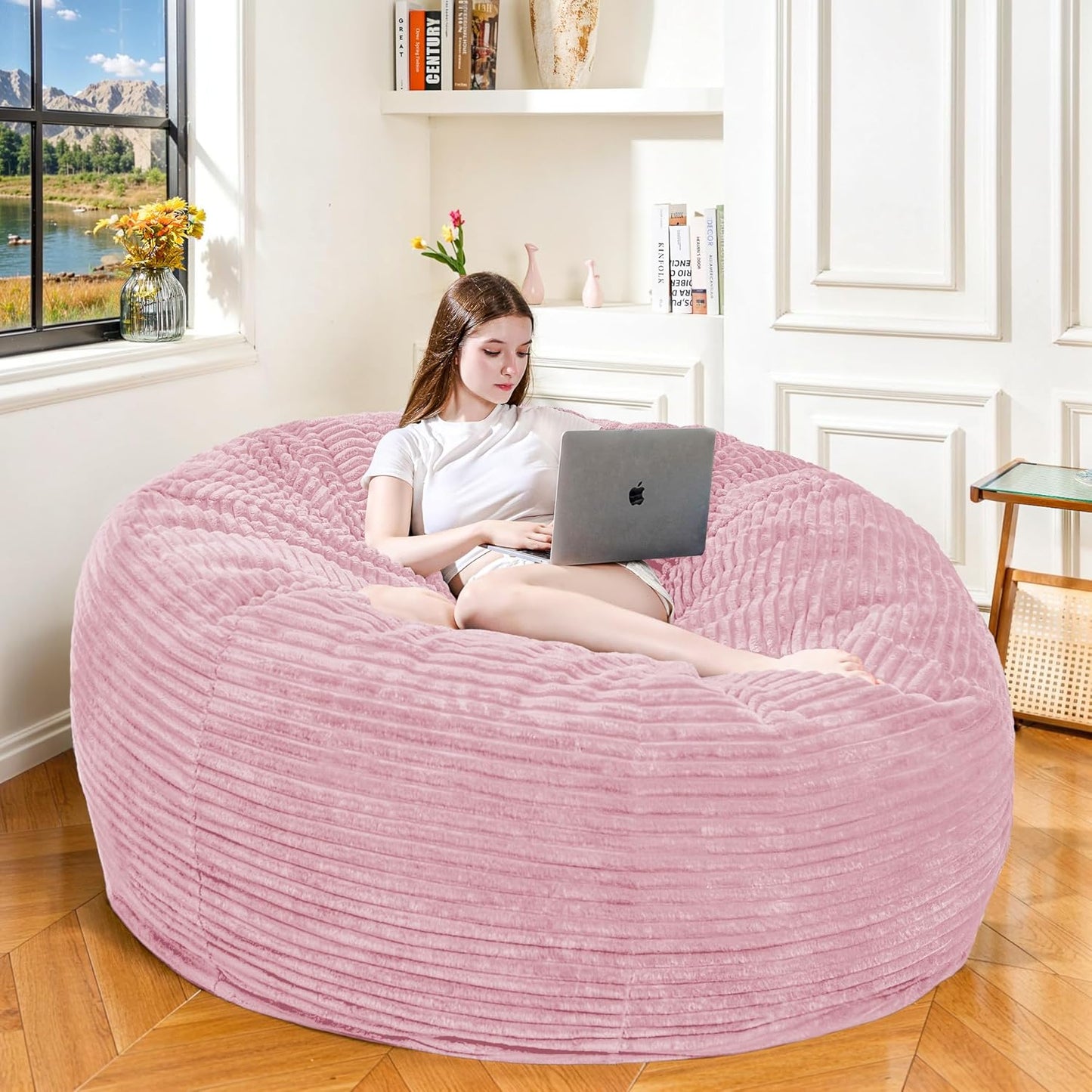 Large Bean Bag Chair, 5FT Giant Beanbag Chairs with Memory Foam Filled, Bean Bag Chairs for Adults, Ultra Soft Lazy Sofa for Living Room Bedroom (Pink)