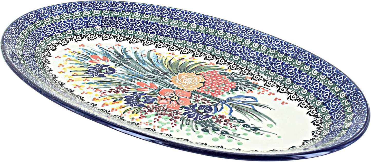 Blue Rose Polish Pottery Summer Blooms Oval Platter
