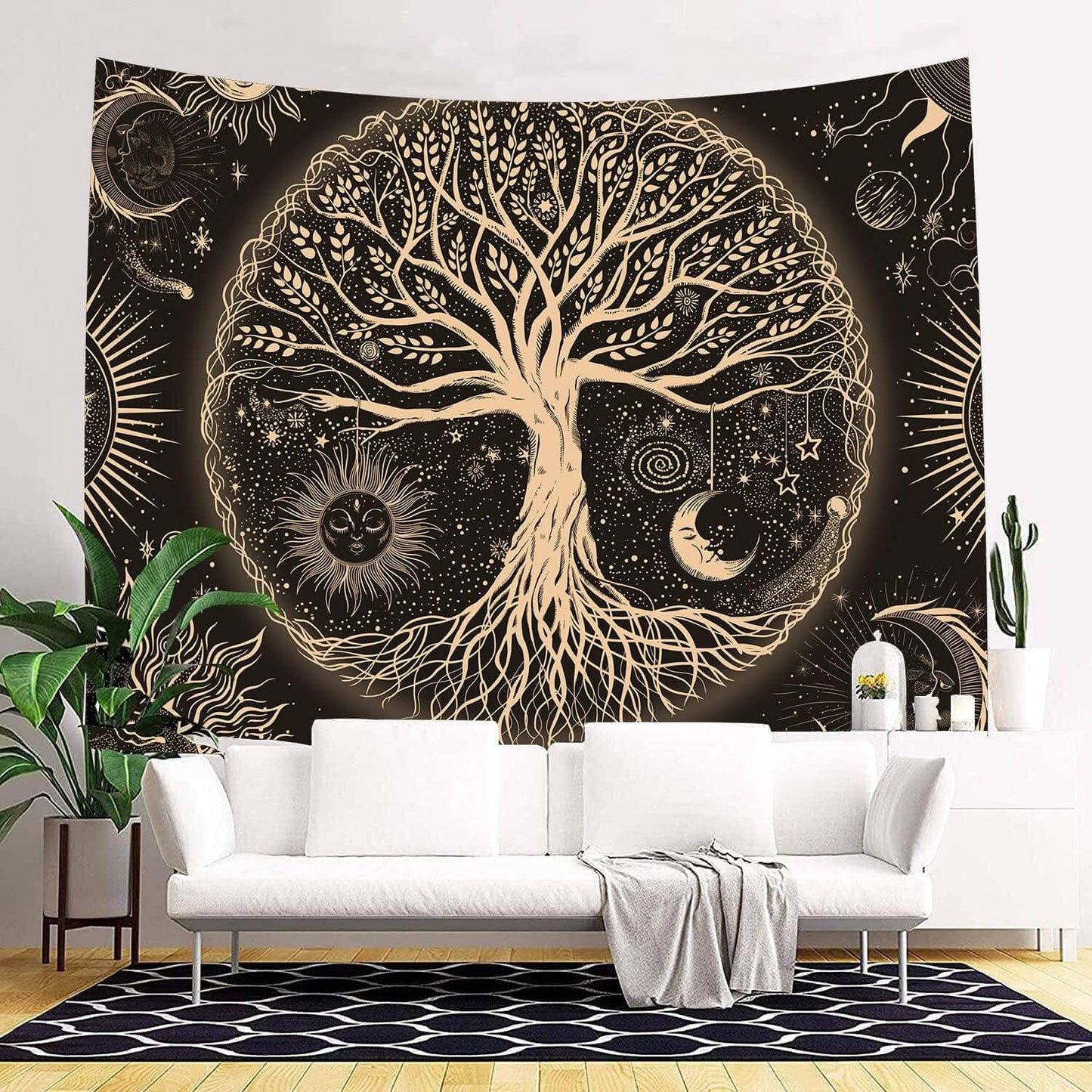FORATER Tree of Life Tapestry Wall Hanging Sun Moon Stars Tapestries Aesthetic Galaxy Wall Tapestry Nature Home Decoration for Living Room Bedroom(53 x 61 Inch, Black and Gold)