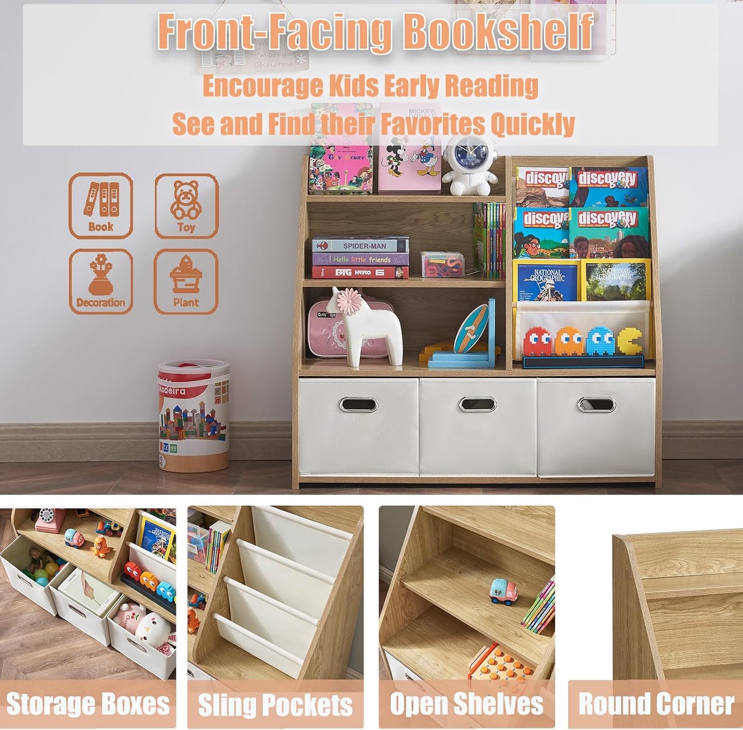 Kids Bookshelf and Toy Storage Organizer, Montessori Nursery Book Shelves with 3 Tier Sling Rack & Fabric Toy Bins, Children Toddler Baby Bookshelf, Wooden Toy Shelf for Kids Room Playroom