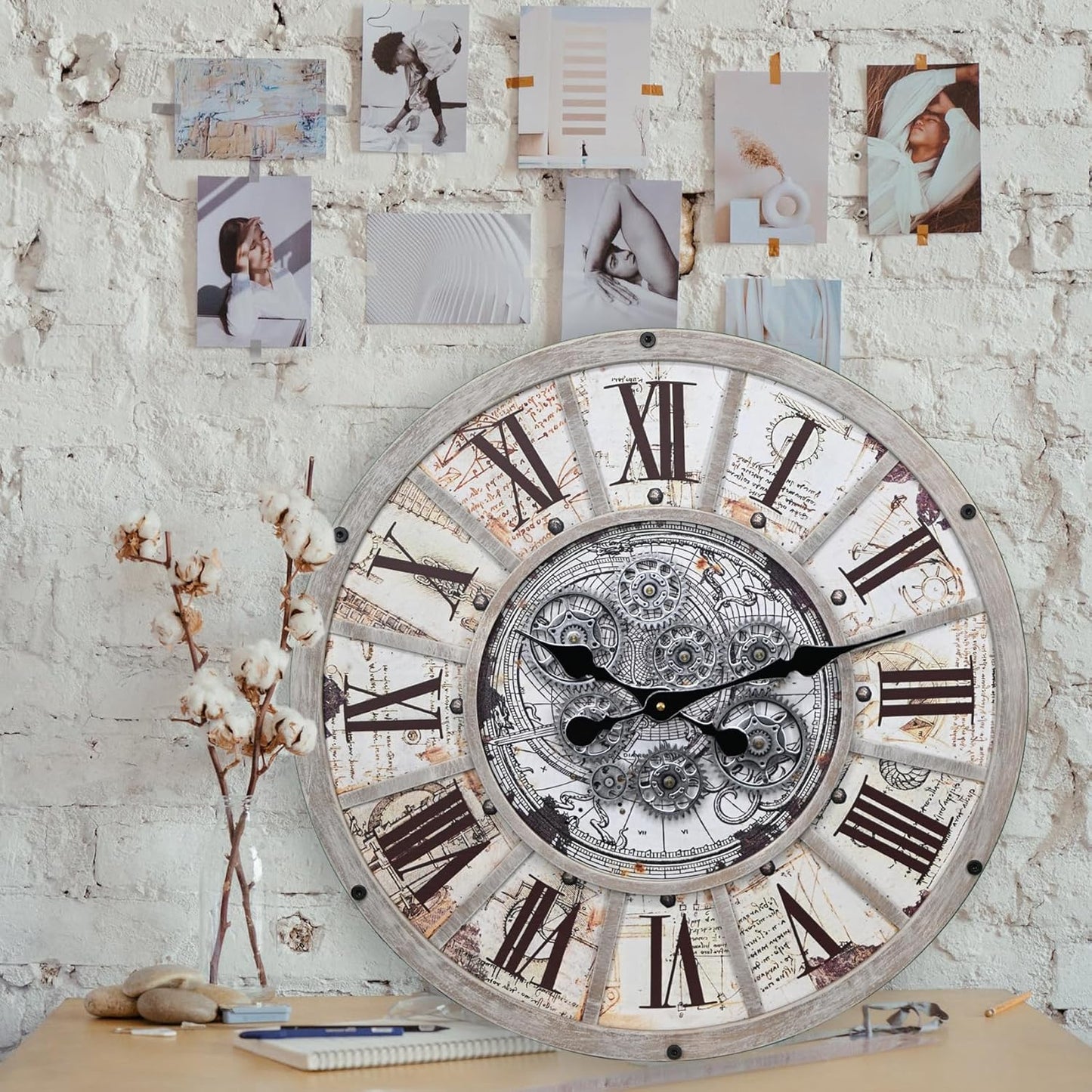 Unique Moving Gear Large Wall Clock 21inch-Battery Powered. Retro Industrial Steampunk Country Farmhouse Decor for The Living Room Kitchen Bars cafes Offices(whith/metal/21)