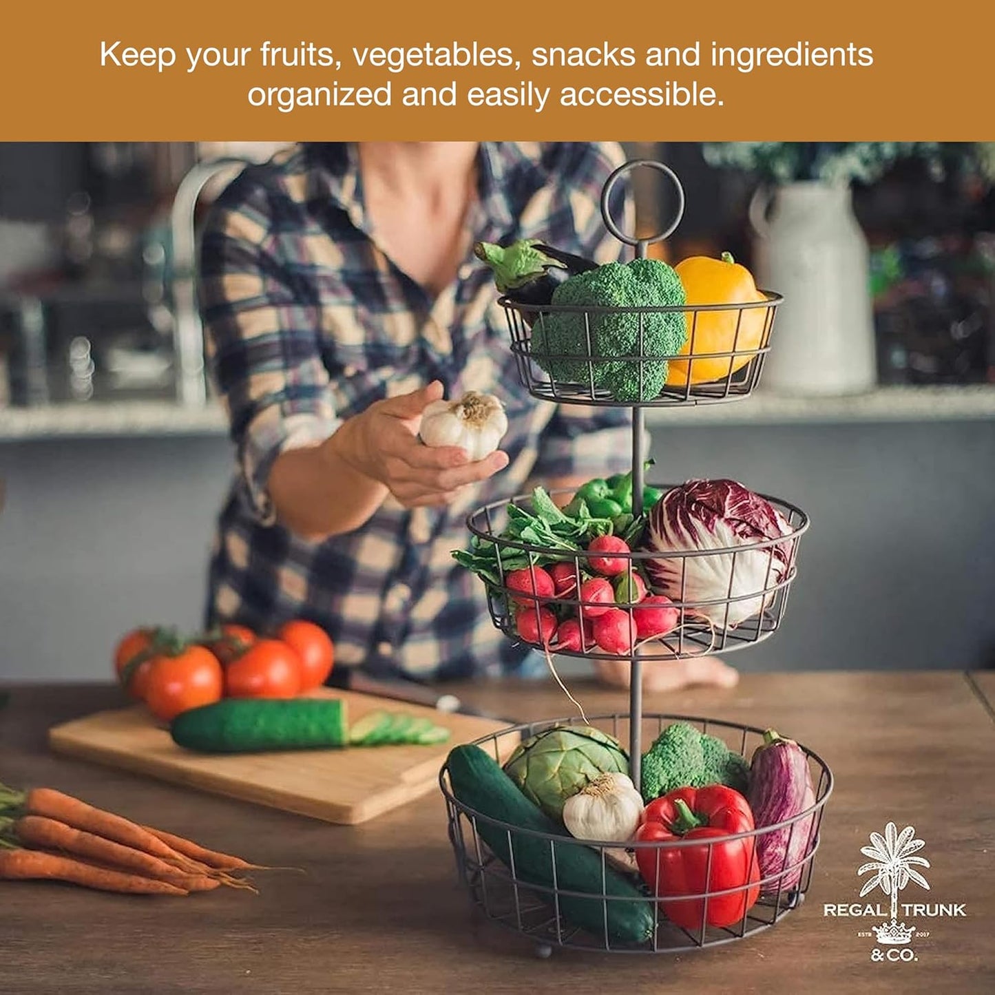 REGAL TRUNK & CO. 3 Tier Fruit Basket, Elegant French Country Wire Baskets, Three Tiered Wire Basket Stand for Vegetables, Bread & More for Countertop or Hanging, Christmas or Birthday Present