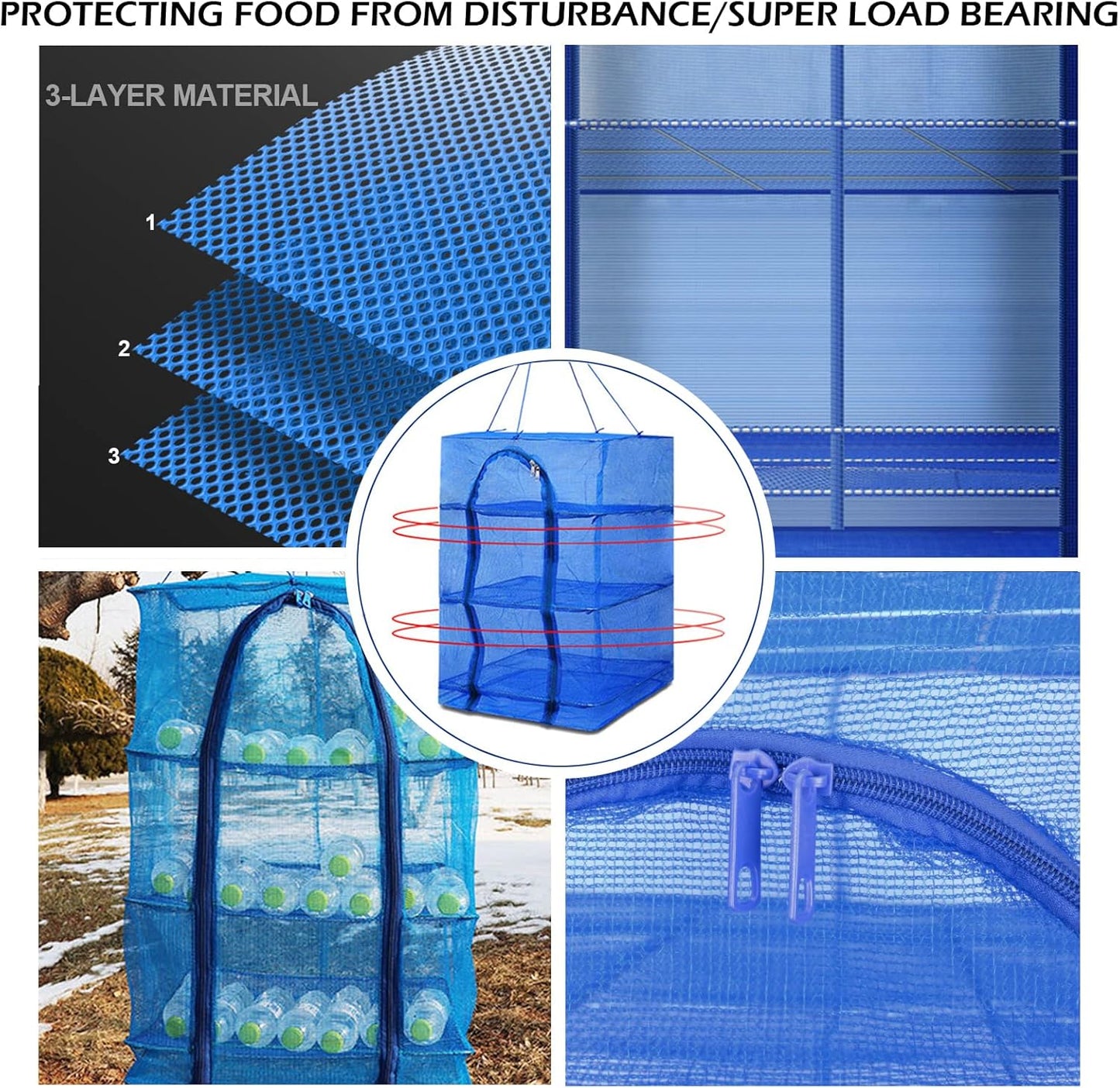 Drying Rack 4 Layers Folding Mesh, Foldable Nylon Netting, Hanging Drying Net, for Shrimp, Fish, Fruit, Vegetables, Herb, with Zipper Opening - Blue (25.59X13.78X13.78 in)