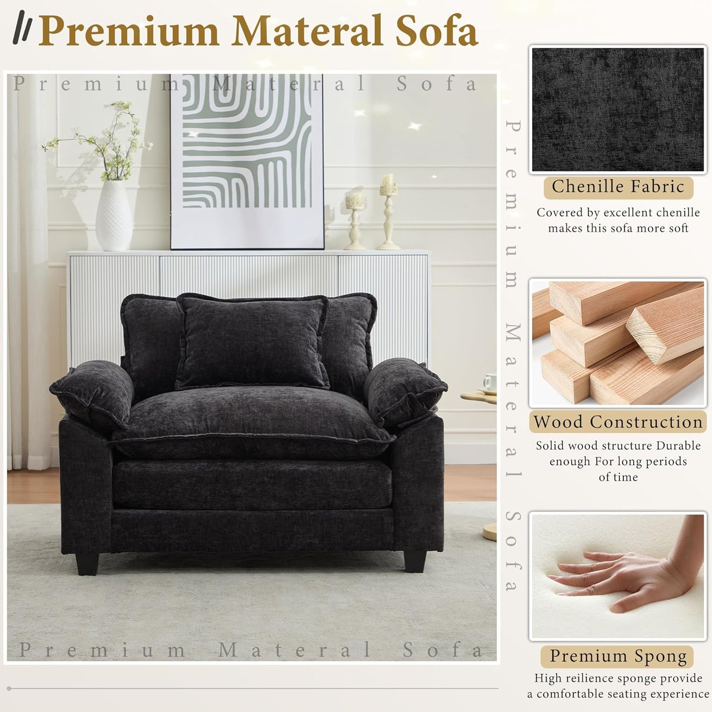 URRED Modular Sectional Sofa Comfy Cloud Couch, Modern Chenille Sofa Sleeper Deep Seat Couches with Ottoman/Pillows for Living Room (Black, 53'')