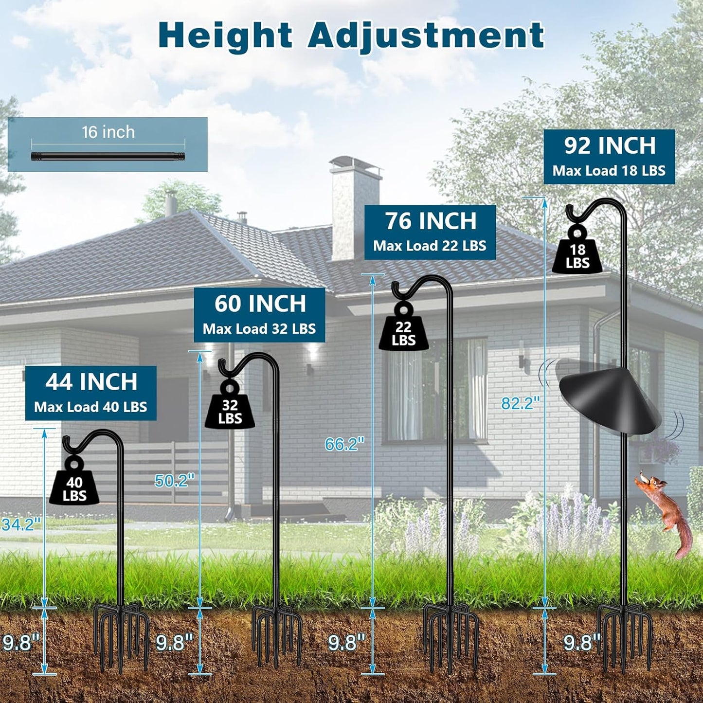 Gtongoko Bird Feeder Pole Squirrel Proof 92 Inch Shepherds Hook for Outdoor with Squirrel Baffles Adjustable Heavy Duty with 7 Prongs Base for Hanging Plants, Bird Feeders, Black