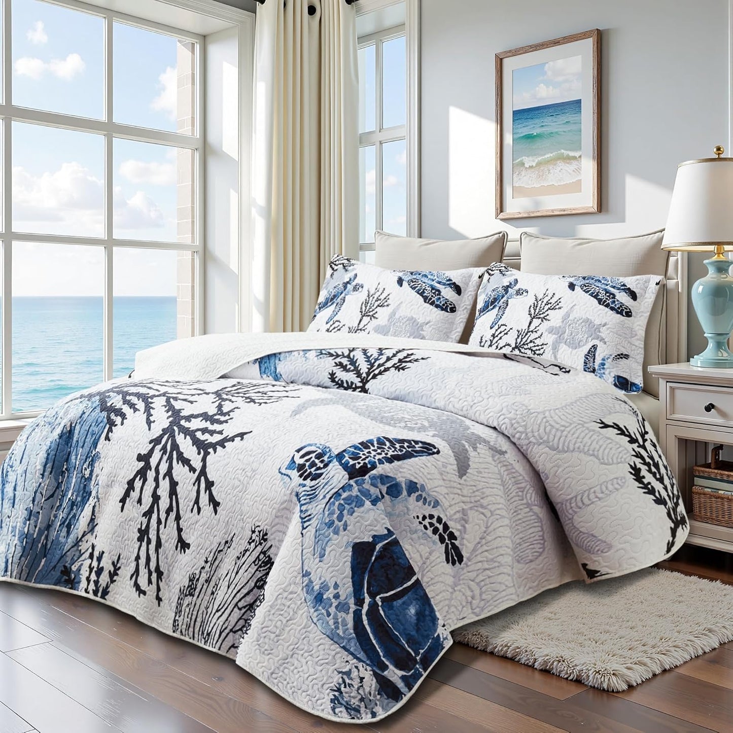 Coastal Bedding California King Size Coastal Quilt with 2 Shams, Nautical Beach Comforter Sets Ocean Bedspreads Blue Seaturtle Coverlet Summer Bedding, 106''x118''