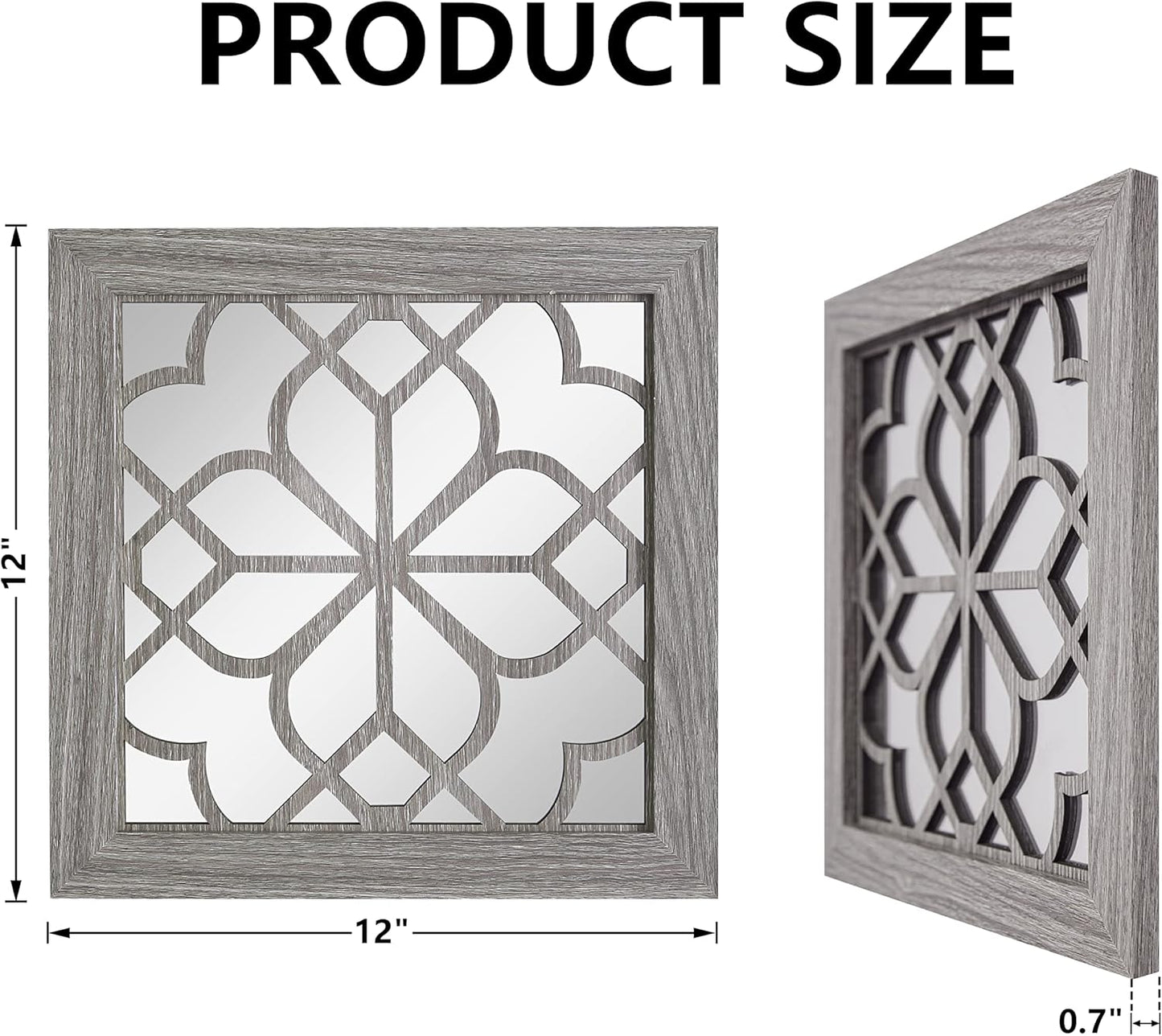 4pcs Farmhouse Wall Mirror with Carved Floral Design -Rustic Mirror Decor for Home, 12x12 inch(Brown)