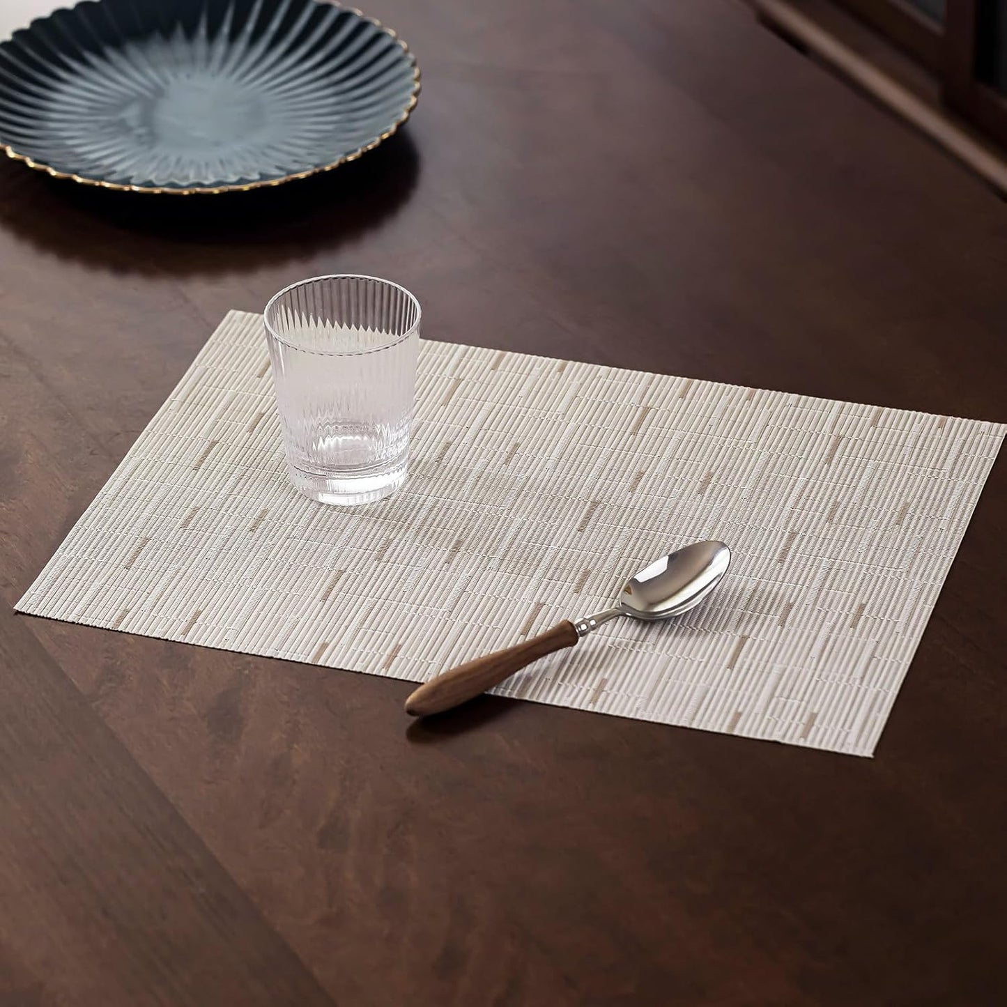 LEXMORE Placemats Set of 12 Vinyl/Plastic Woven Place Mats for Kitchen Table Indoor/Outdoor Washable Placemat Wipeable Dining Table Mats(Pale Beige)