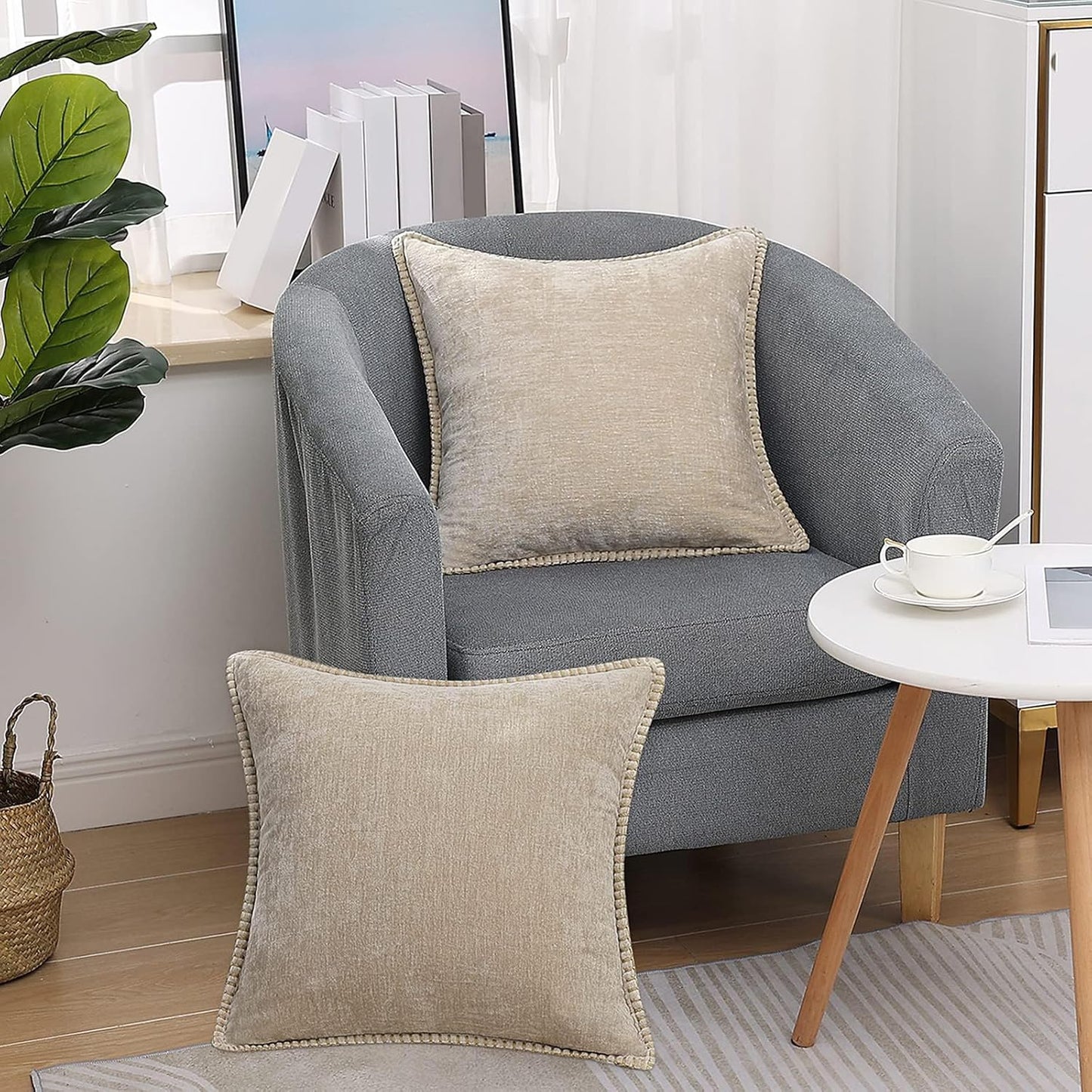 decorUhome Chenille Soft Throw Pillow Covers 24x24 Set of 2, Farmhouse Velvet Neutral Decorative Euro Pillow Covers with Stitched Edge for Couch Sofa Bed Home Decor, Beige